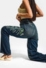 Kadın T.Kot Rengi 2w5-31 Straight Fit Yüksek Bel Özel Çiçek Kuş Nakışlı Tasarım Denim Jean