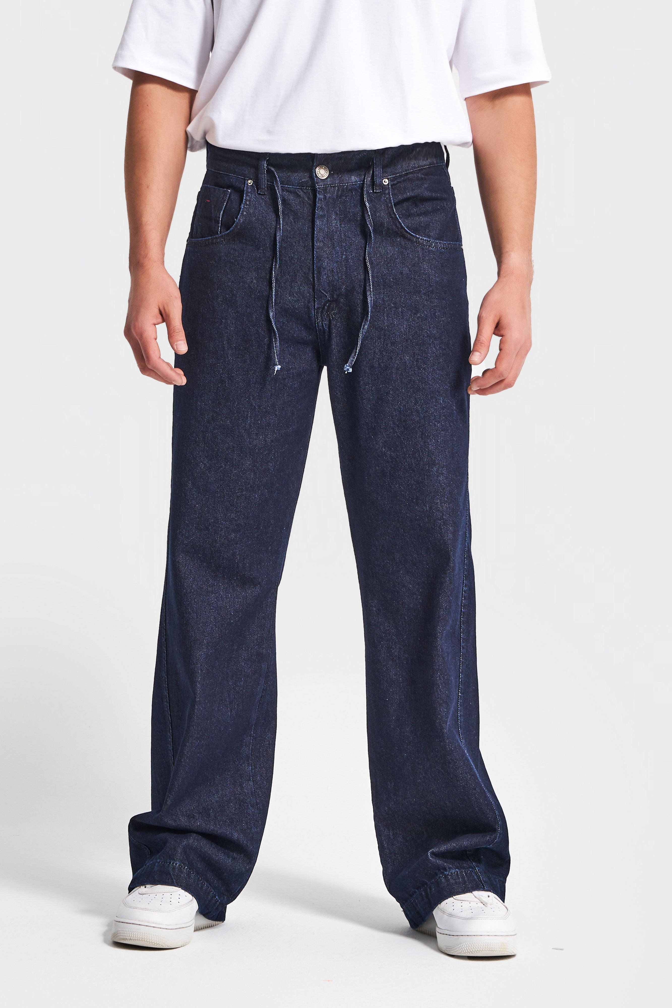 Erkek İndigo Relaxed Baggy Fit Bağcıklı Denim Jean