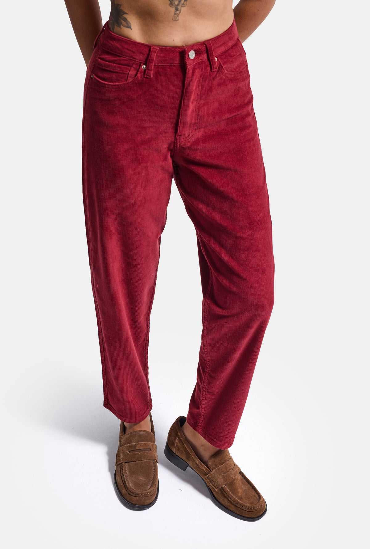 Kadın Bordo Renk 26w5-35 Relax Fit Esnek Kumaş İnce Fitilli Velvet Kadife Kumaş Pantolon