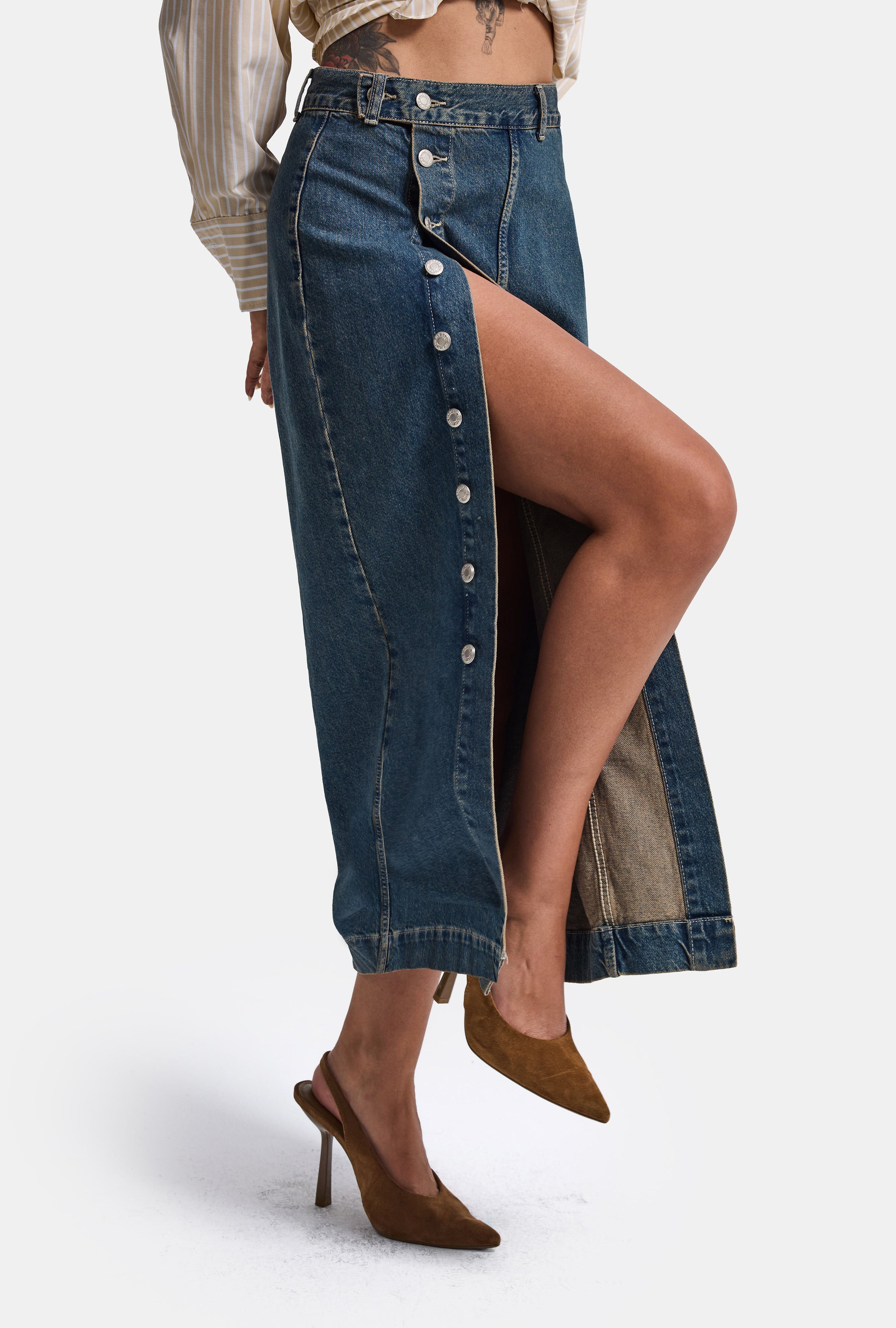 Kadın Tint Kot Rengi Tilia Önü Düğmeli Maxi Boy Denim Etek