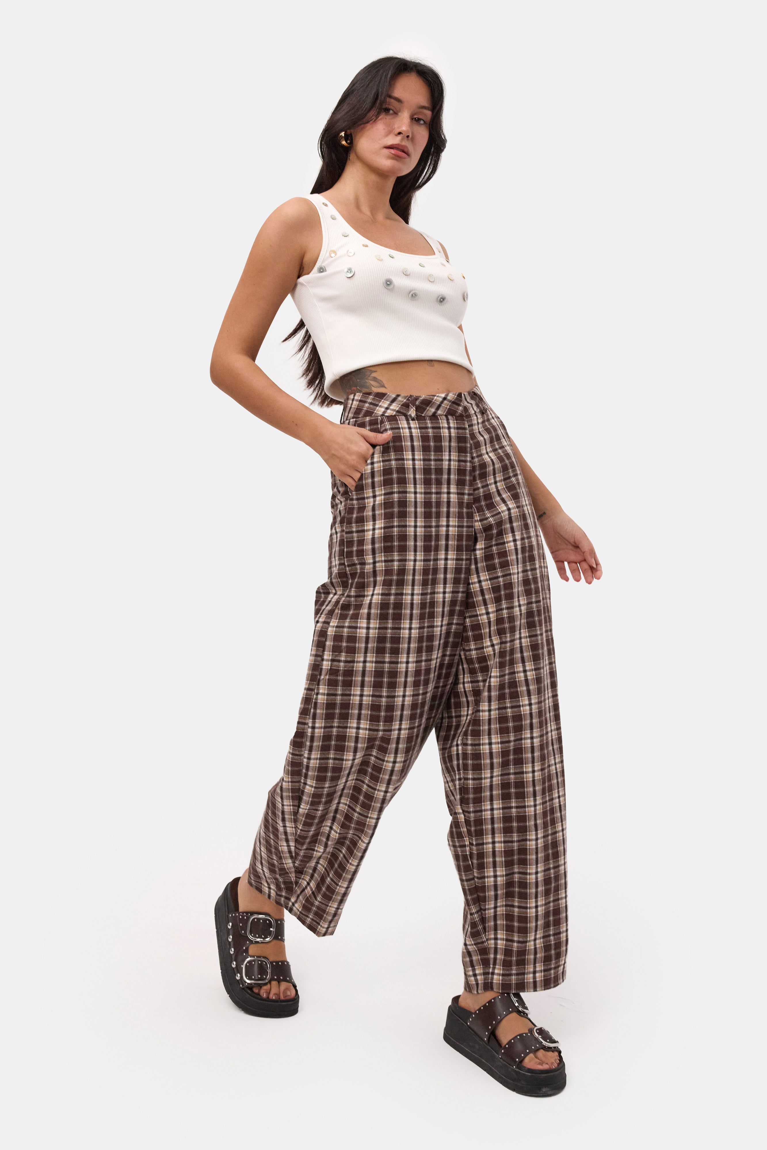 Kadın Kahve Ekose s6-14 Skater Fit Bol Kesim Pantolon