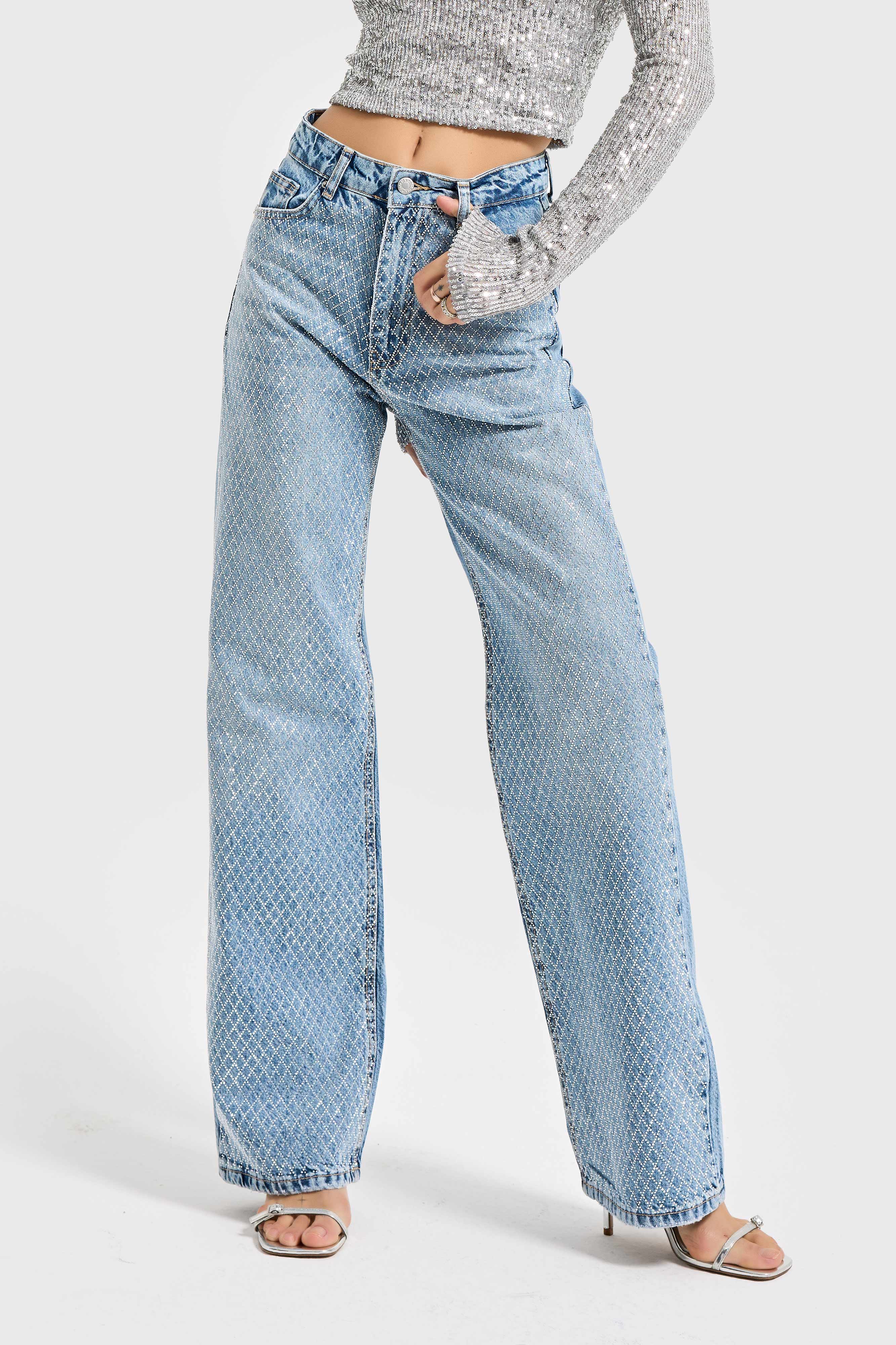 Kadın Kot Rengi Doris T34S527 Parlak Taşlı Tasarım Straight Fit Denim