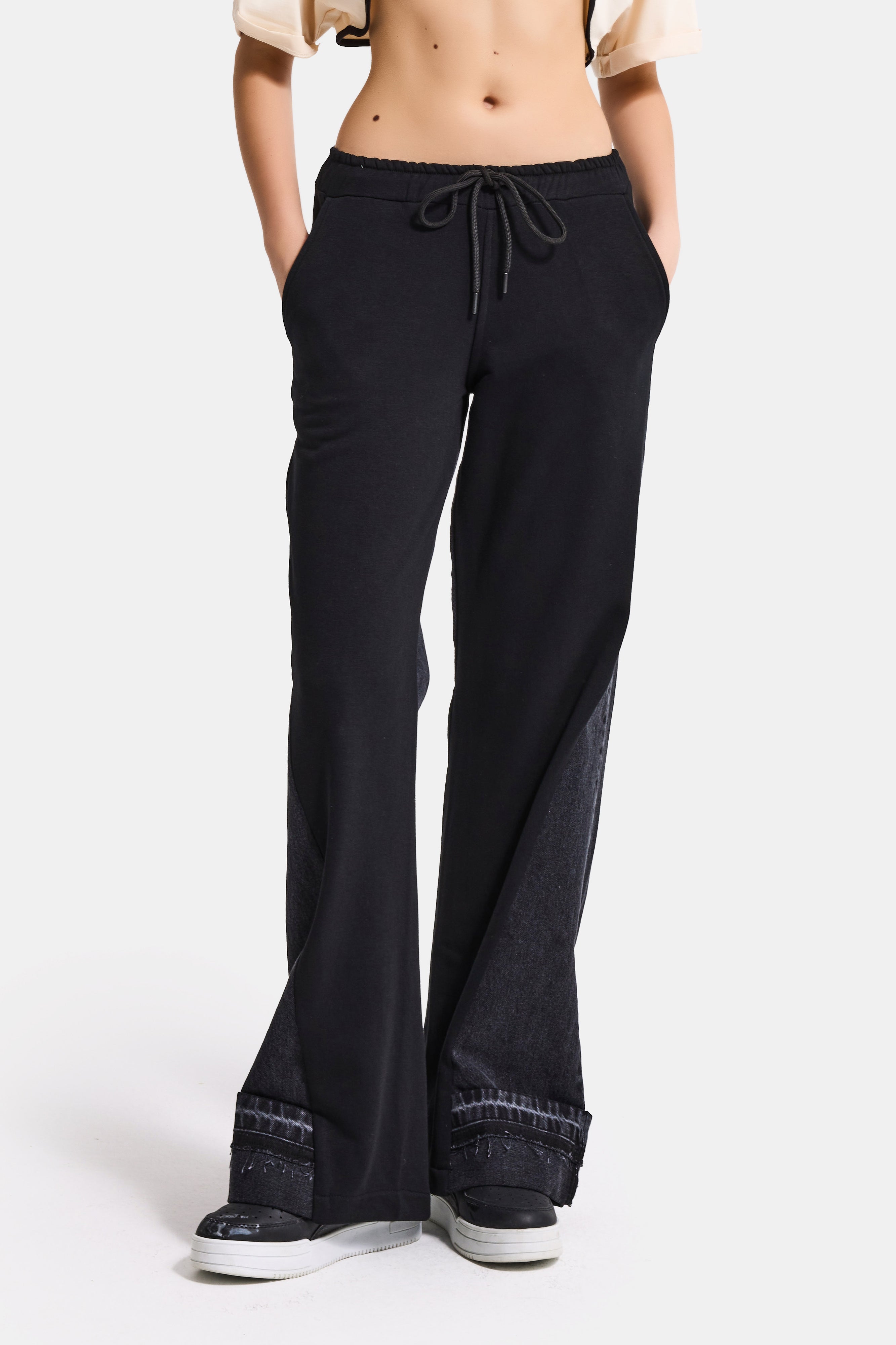 Women's Black Color 2w41 Knitted Denim Piece Loose Fit Design Trousers