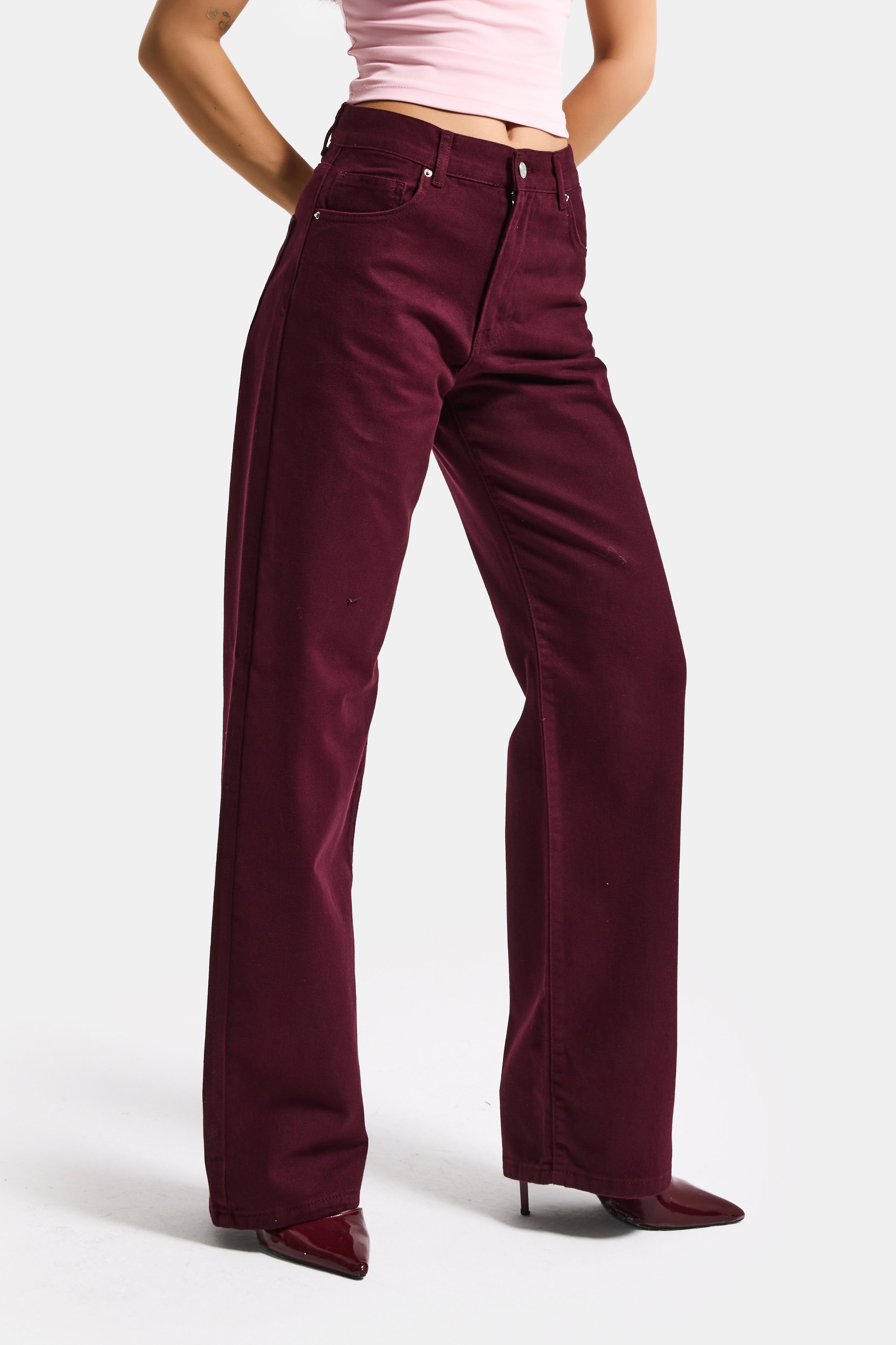 Kadın Bordo Renk Lora 7s6-35 Loose Fit %100 Koton Denim Jean