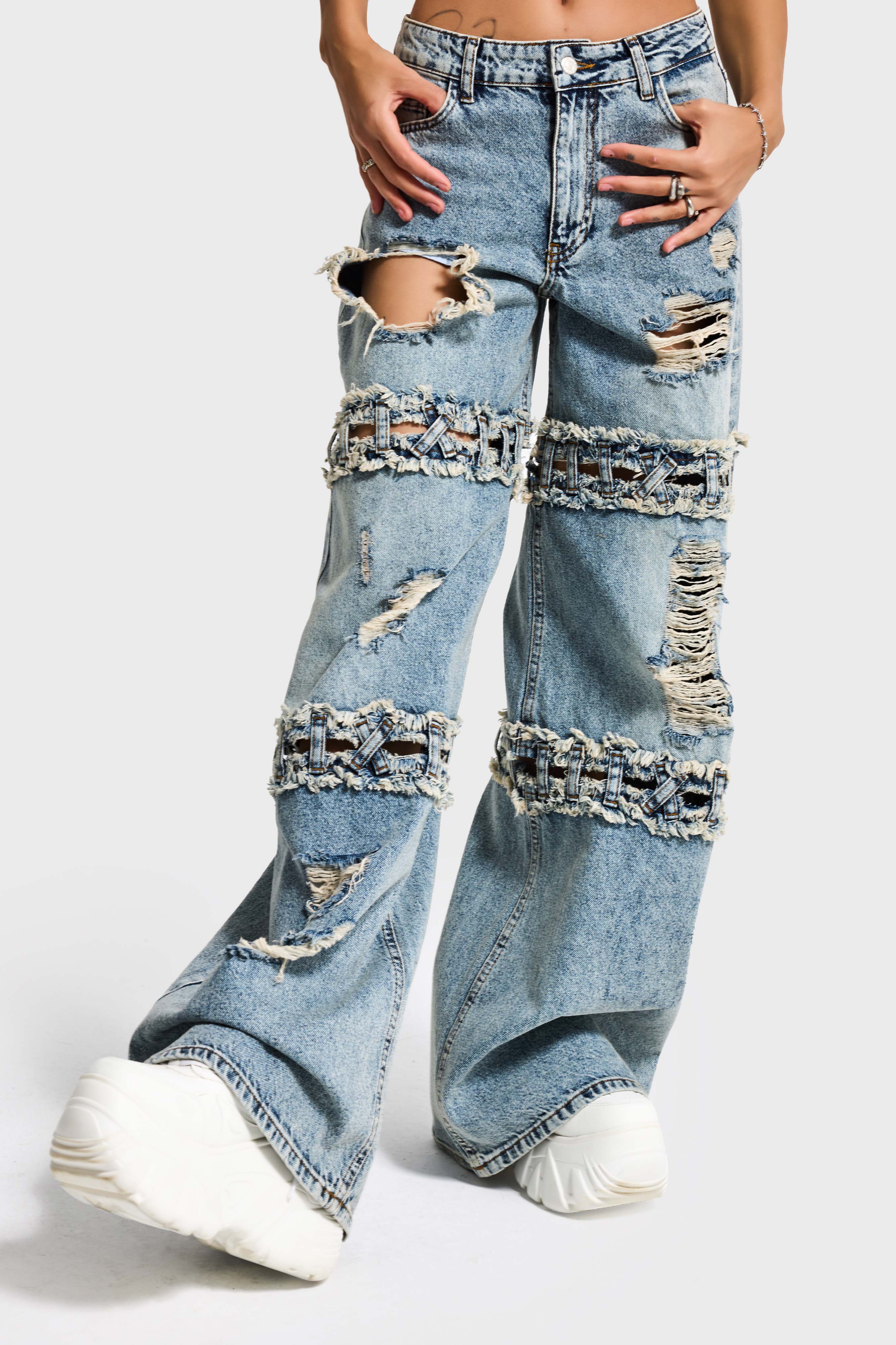 Kadın Kot Rengi Palazzo Fit Yırtık Detaylı Tasarım Denim Jean