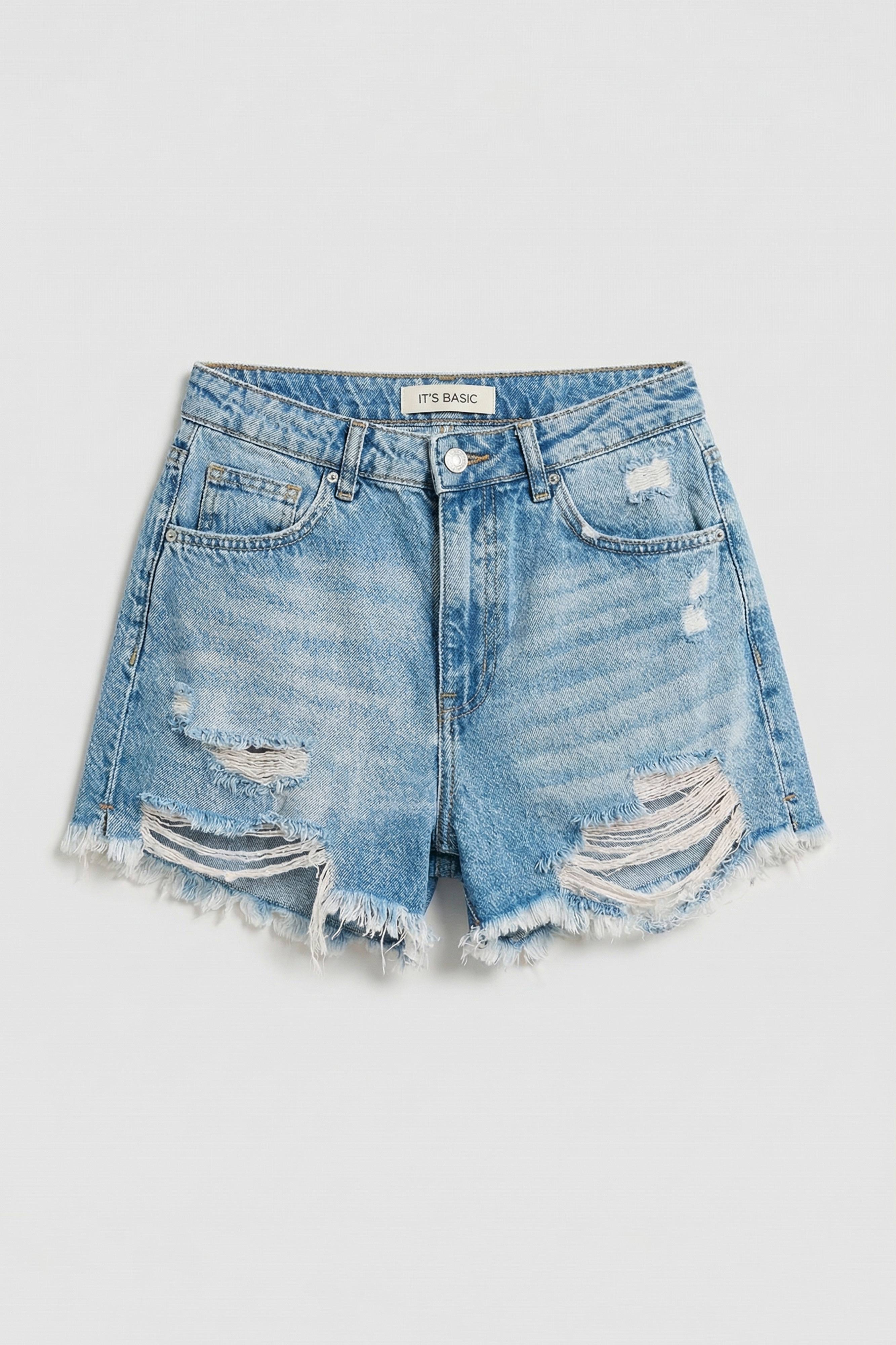 Kadın T.Kot Rengi 12s5-32 Mini Boy Yüksek Bel Curved Yırtık Detaylı Püsküllü %100 Koton Denim Şort