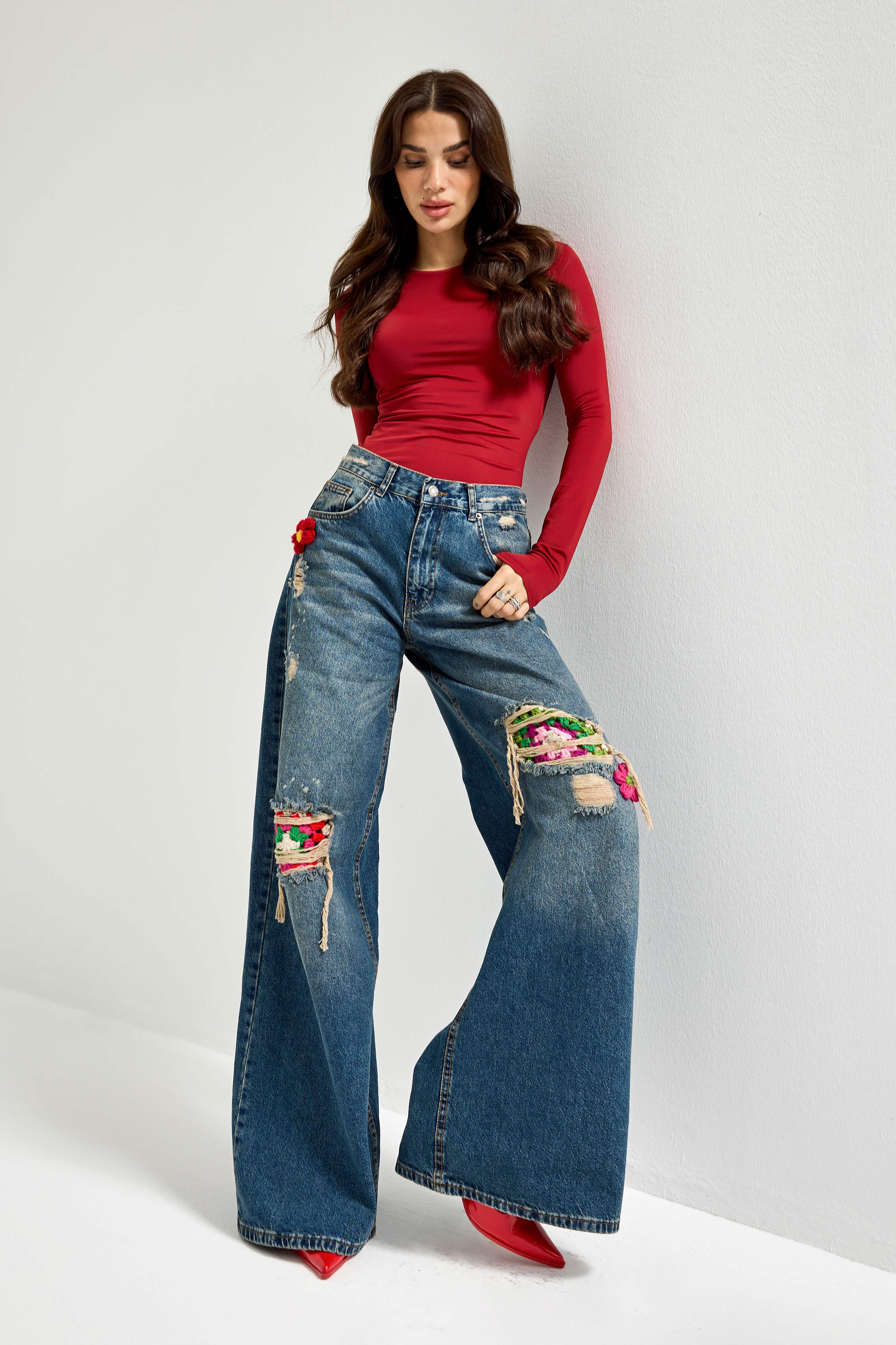 Kadın Kot Rengi Etnik Desenli Palazzo Fit Tasarım Denim