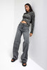 Kadın Füme Renk 4S513 Loose Fit Kemeri Leopar Desenli Denim Jean