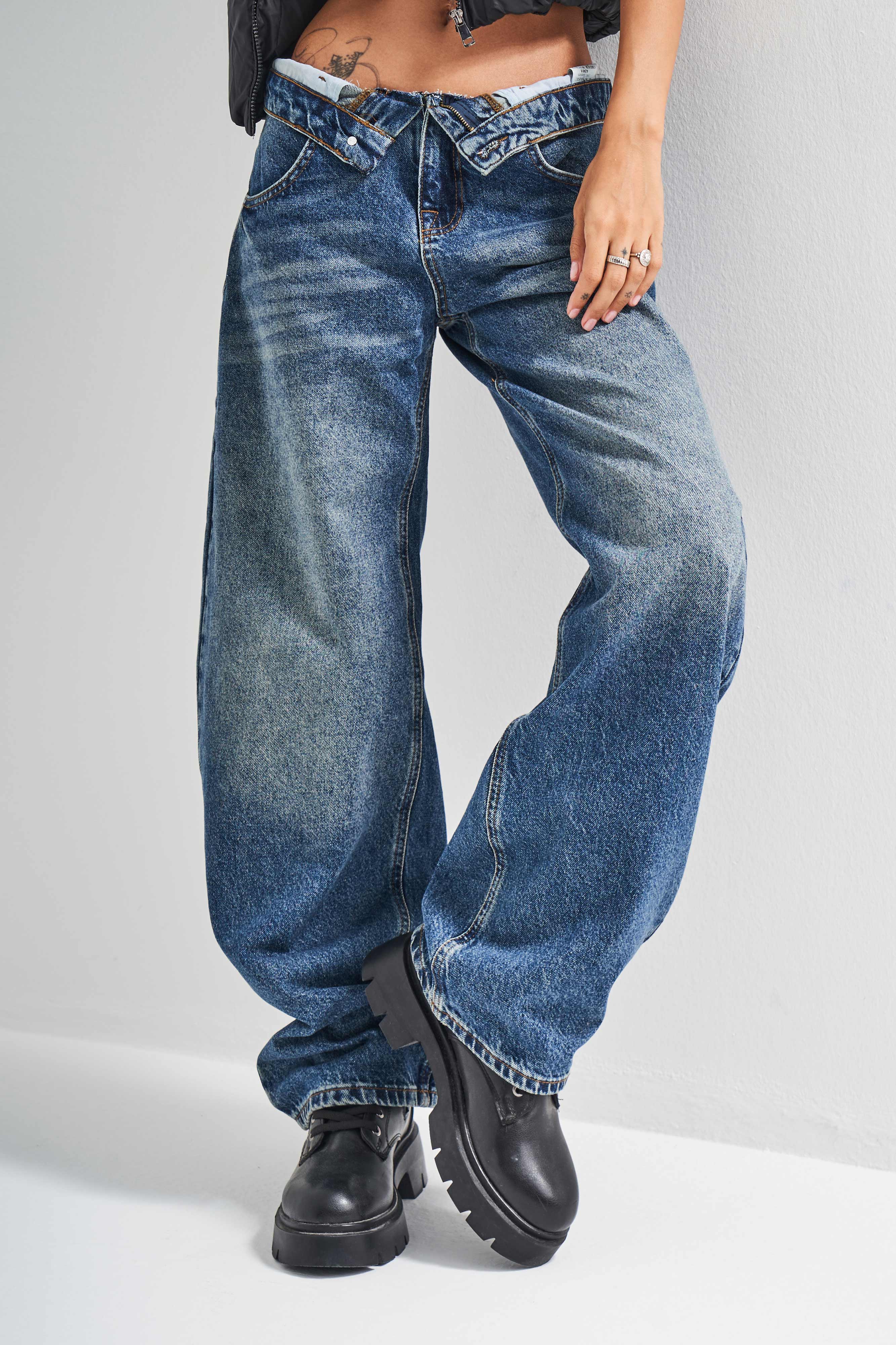 Kadın Kot Rengi 2w5-32 Baggy Balon Fit Kemer Detaylı İç Boy 81cm Tasarım Denim Jean
