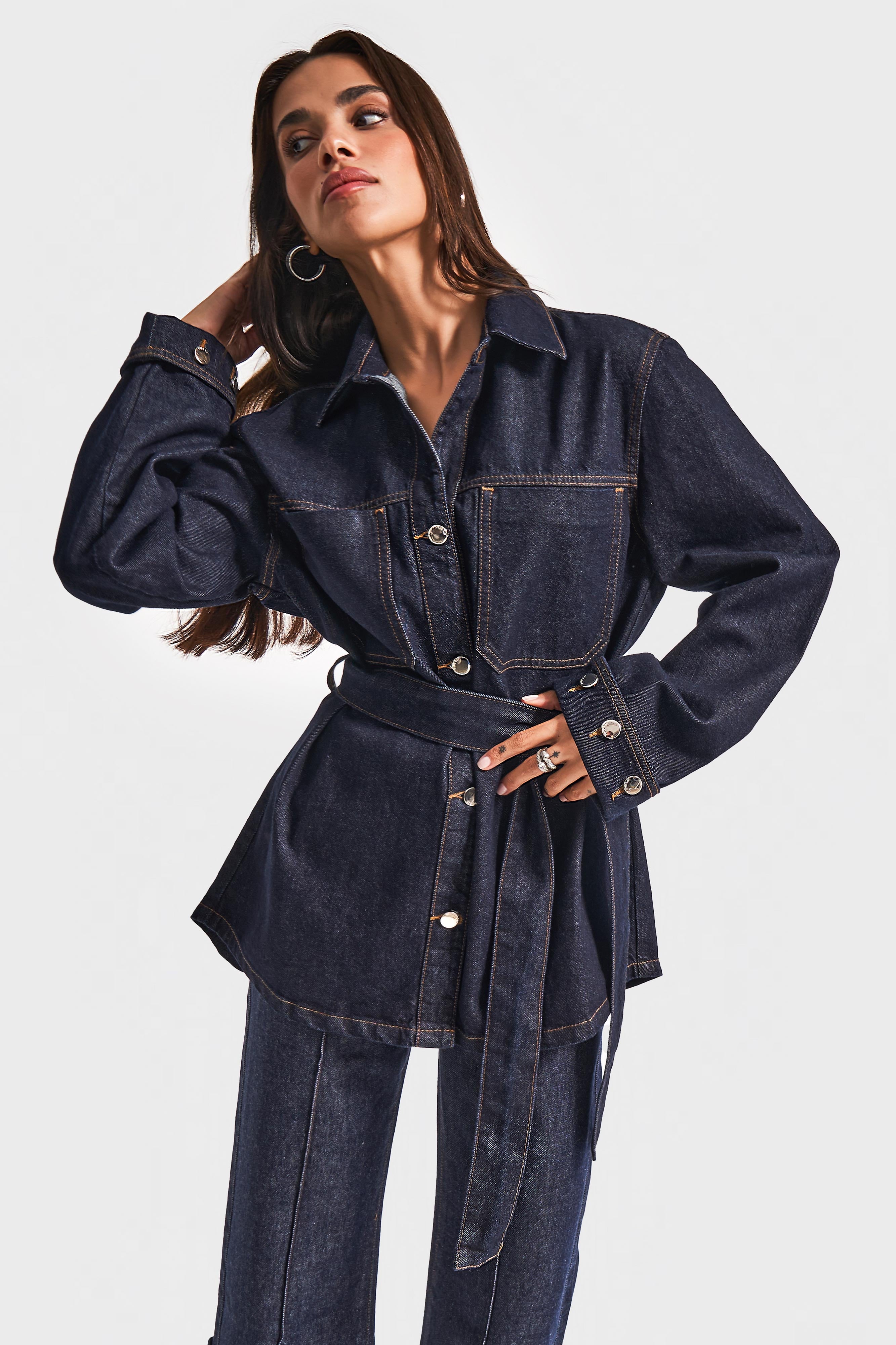 Kadın İndigo Renk 7w5-50 Kemer Detaylı %100 Koton Denim Trençkot