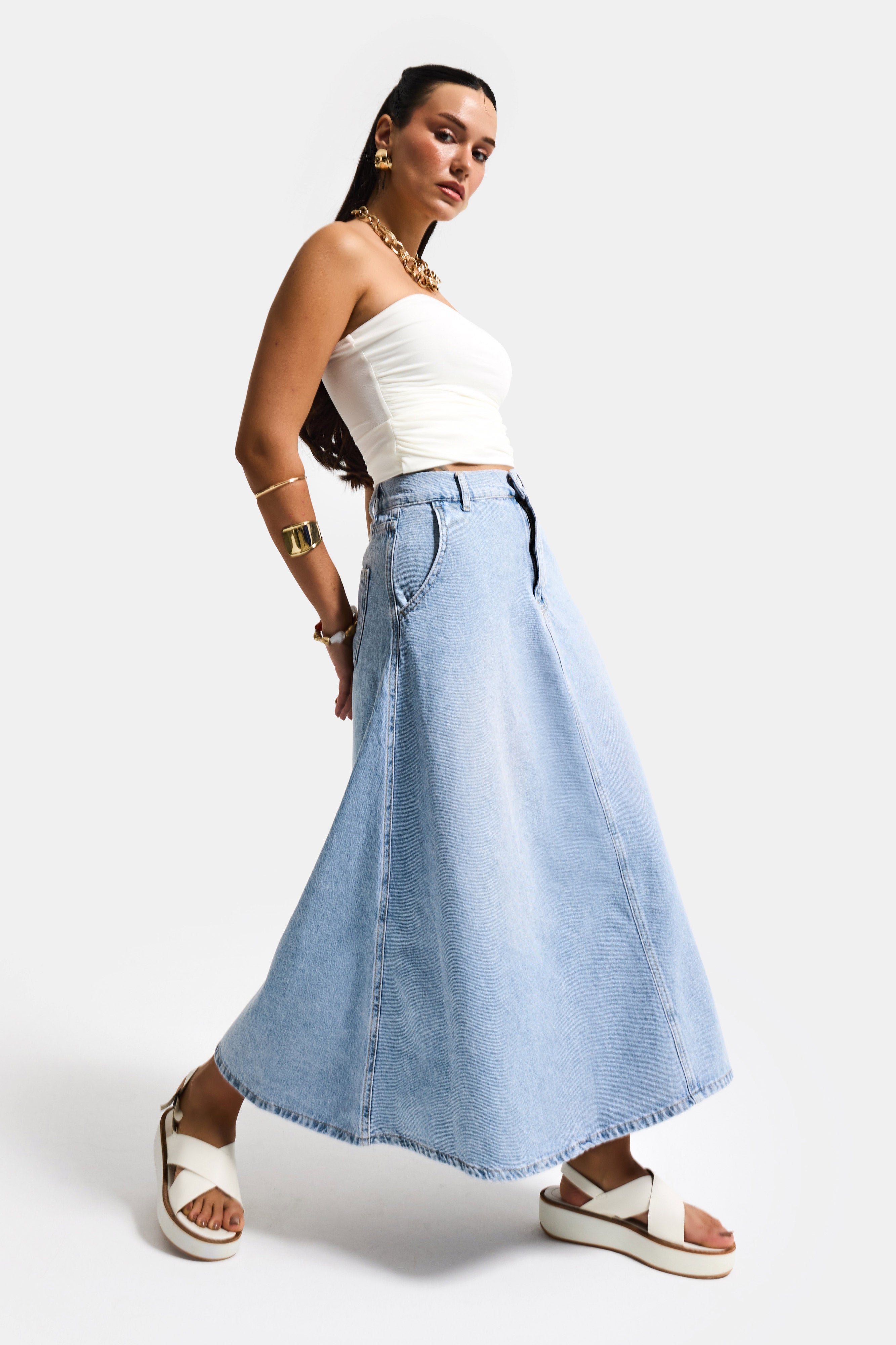 Kadın Snow Kot Rengi Vinca A Tipi Kesim Denim Etek