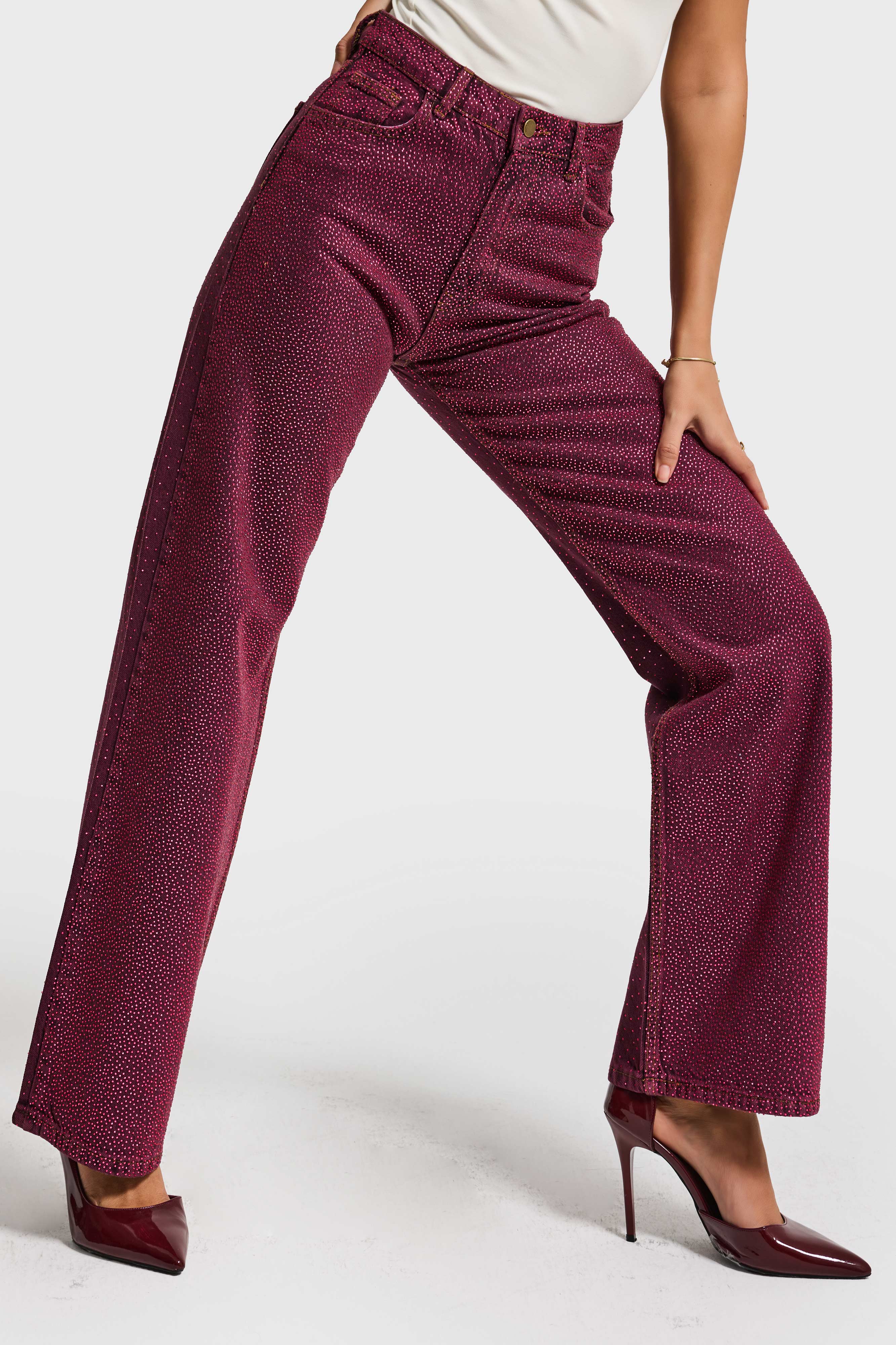 Kadın Bordo Renk T3-20w5-98 Straight Fit Yüksek Bel Ön ve Arka Parlak Taşlı Özel Tasarım Denim Jean