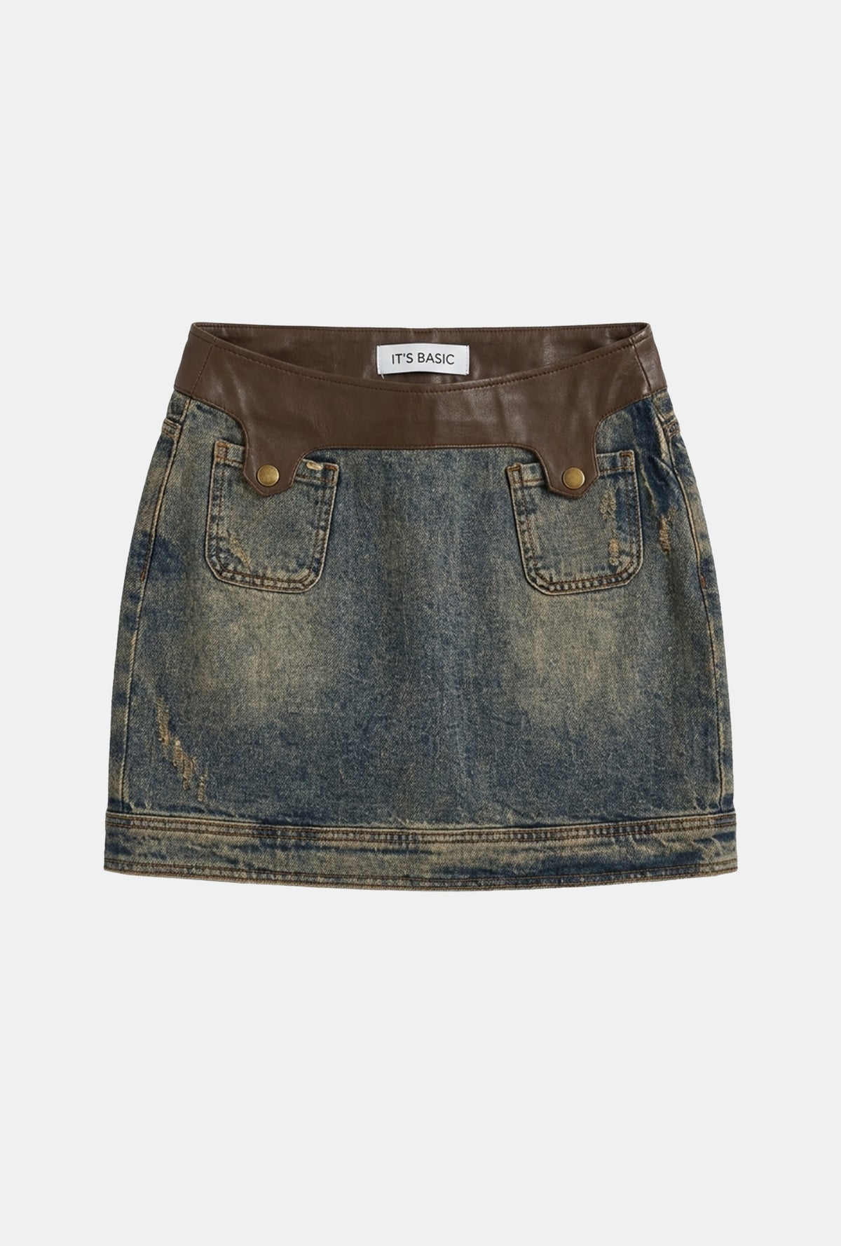 Kadın Koyu Kot 2w6-8 Straight Deri Detaylı Esnek Kumaş Tasarım Mini Denim Etek