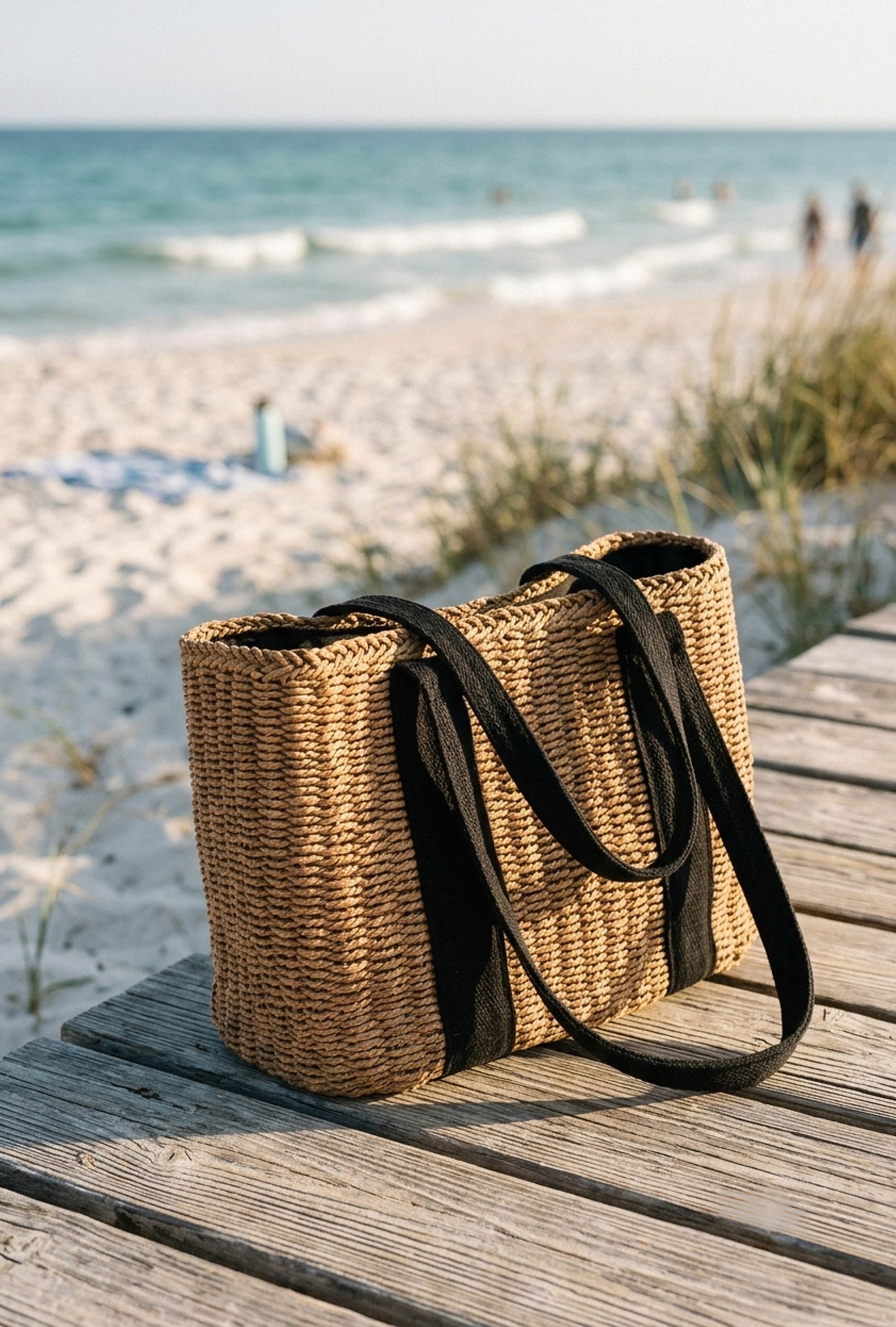 Woven Paper Straw Bag with Inner Lining - Beige