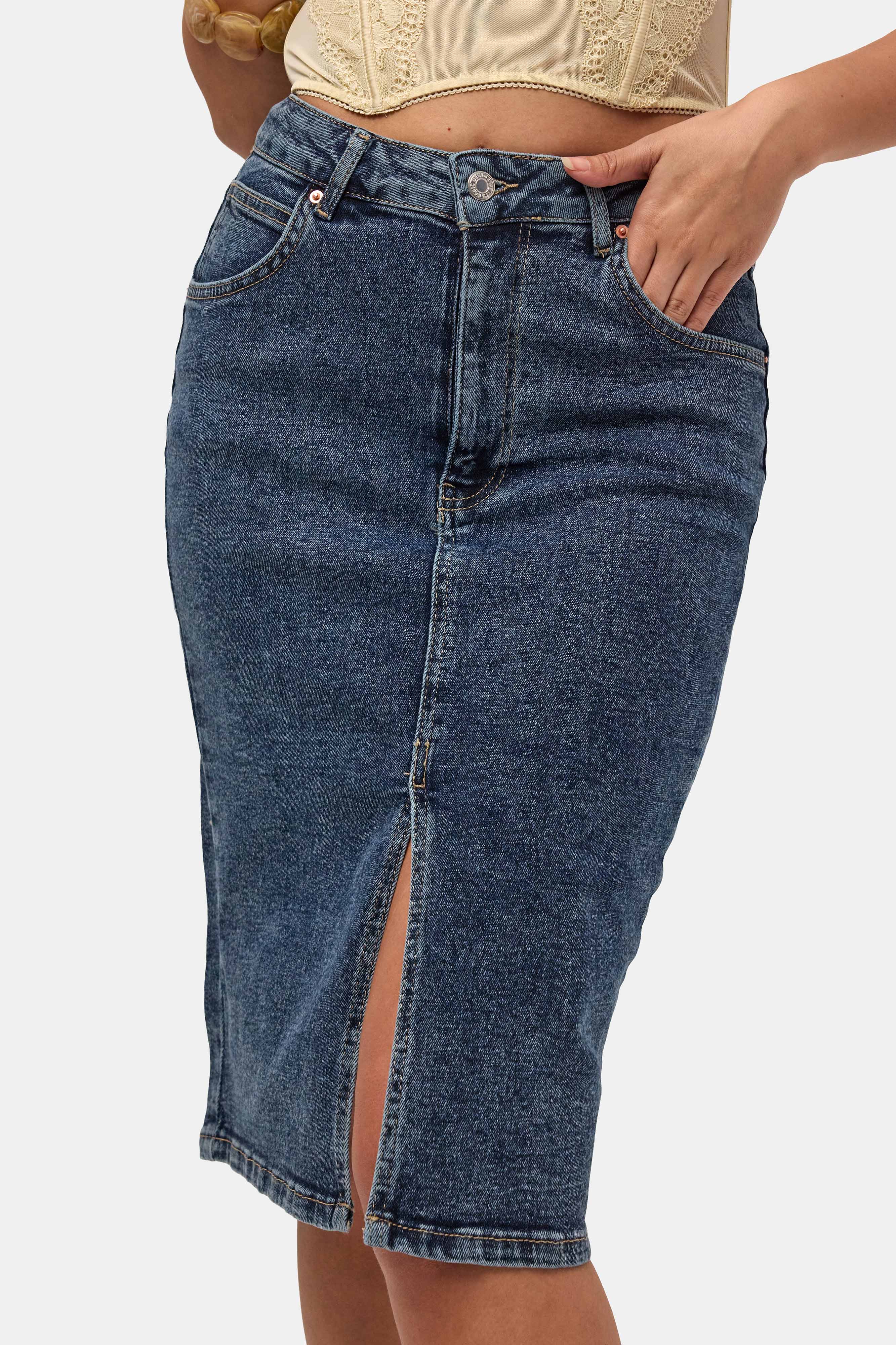 Kadın Tint Kot Rengi Erica Midi Boy Yüksek Bel Yırtmaçlı  Jean Etek