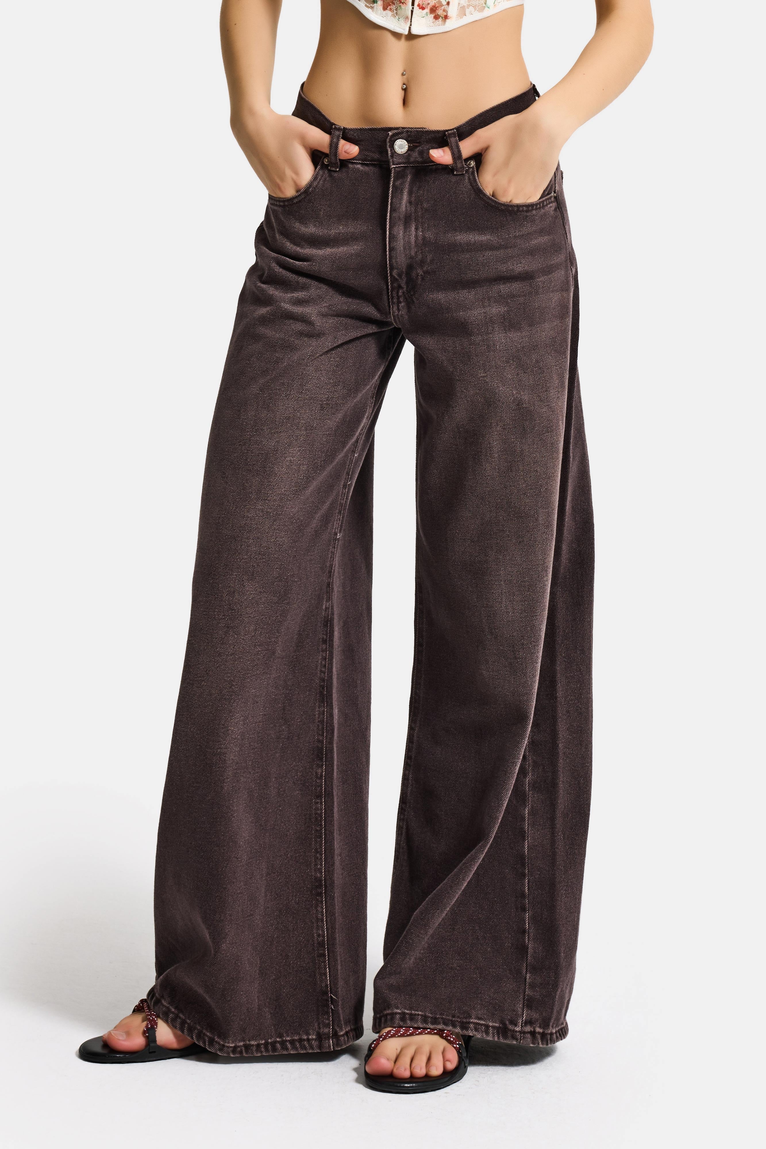 Kadın Taşlanmış Kahve Renk 4w5-16 Palazzo Fit %100 Koton İç Boy 80cm Denim Jean