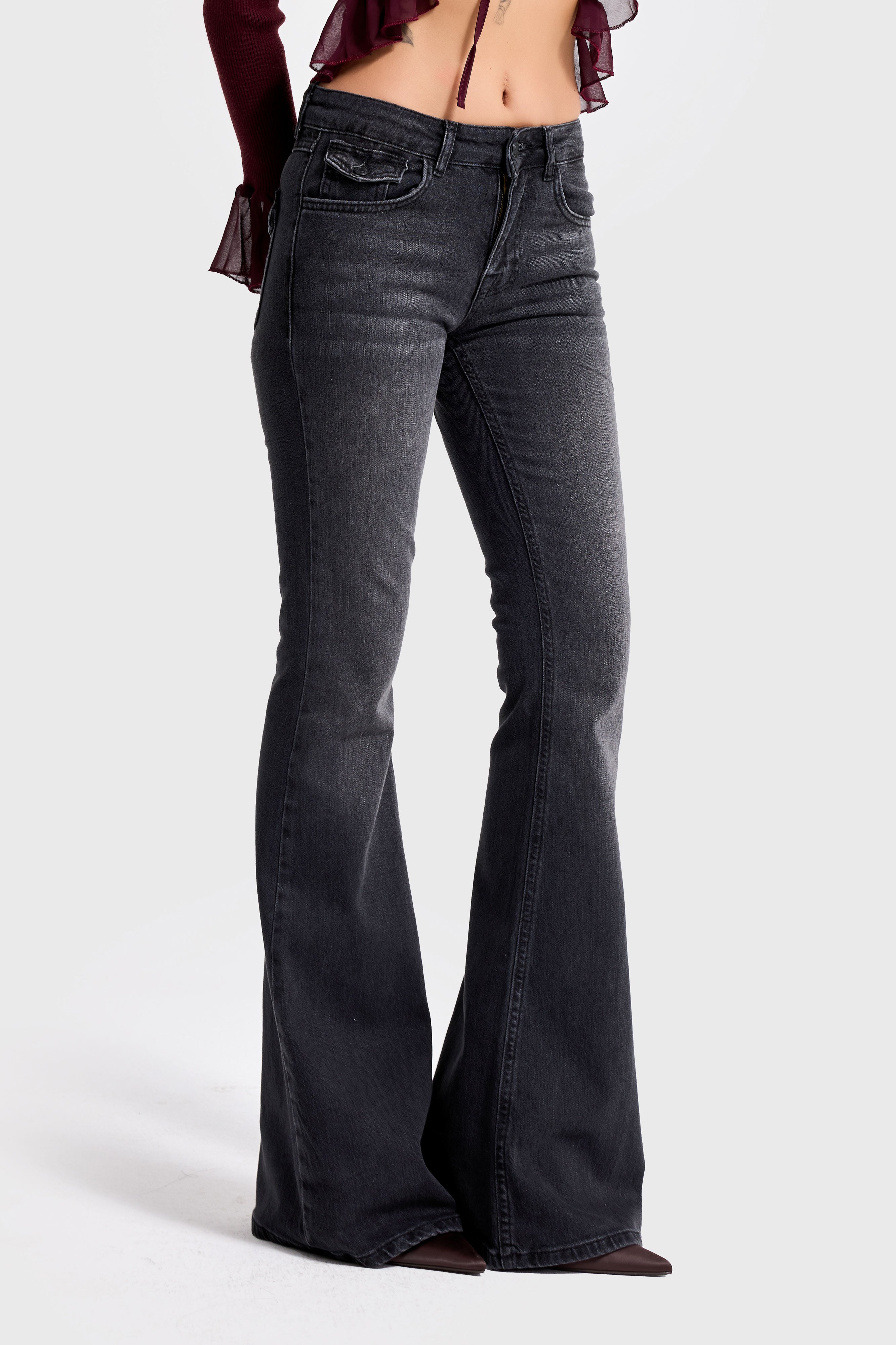 Kadın Koyu Füme Renk 2w5-1 SLN05 Midrise Flare Fit Esnek Kumaş İç Boy 83cm Denim Jean