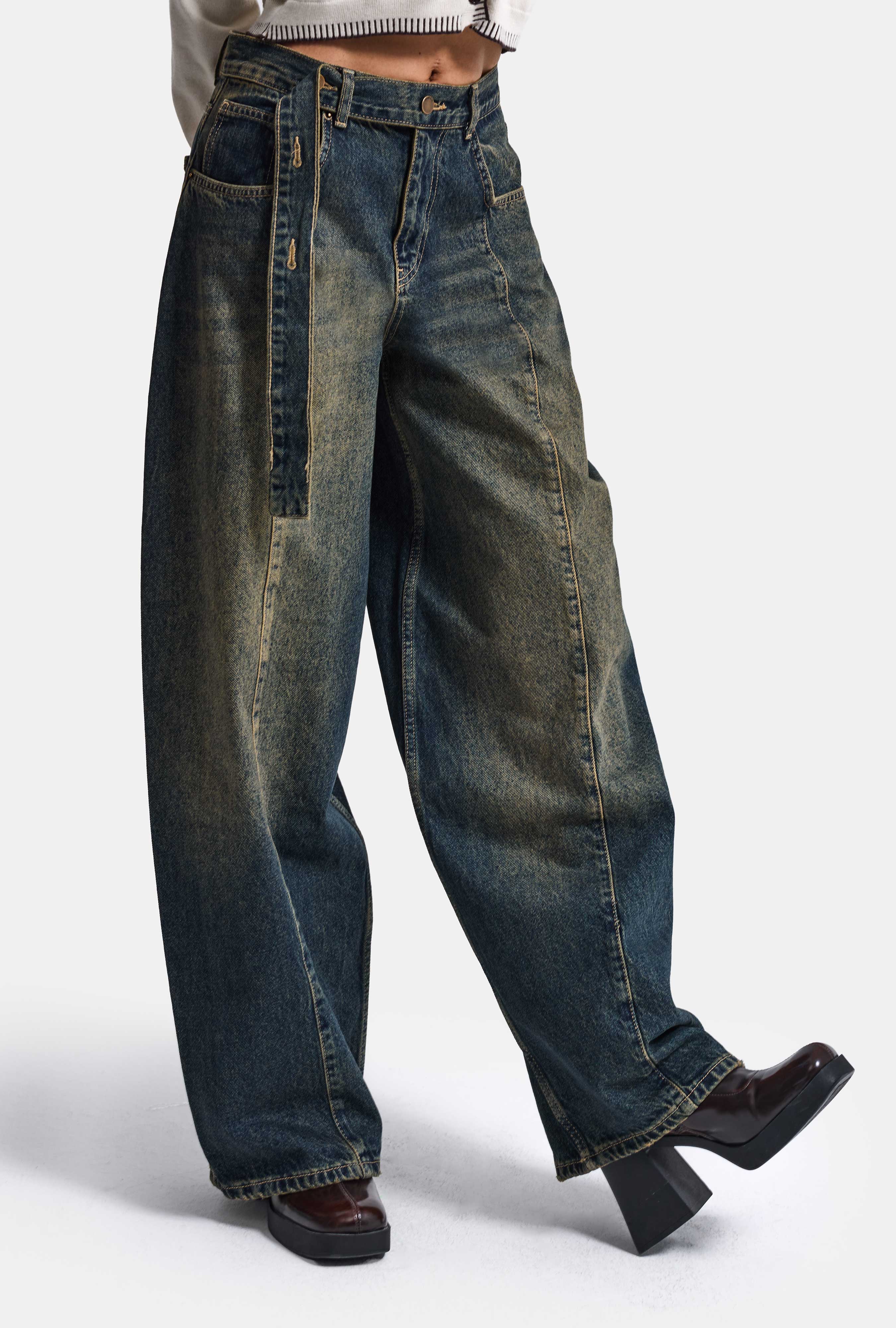 Kadın Tint Kot Rengi 2w6-11 Baggy Kemerli Orta Bel Denim Jean