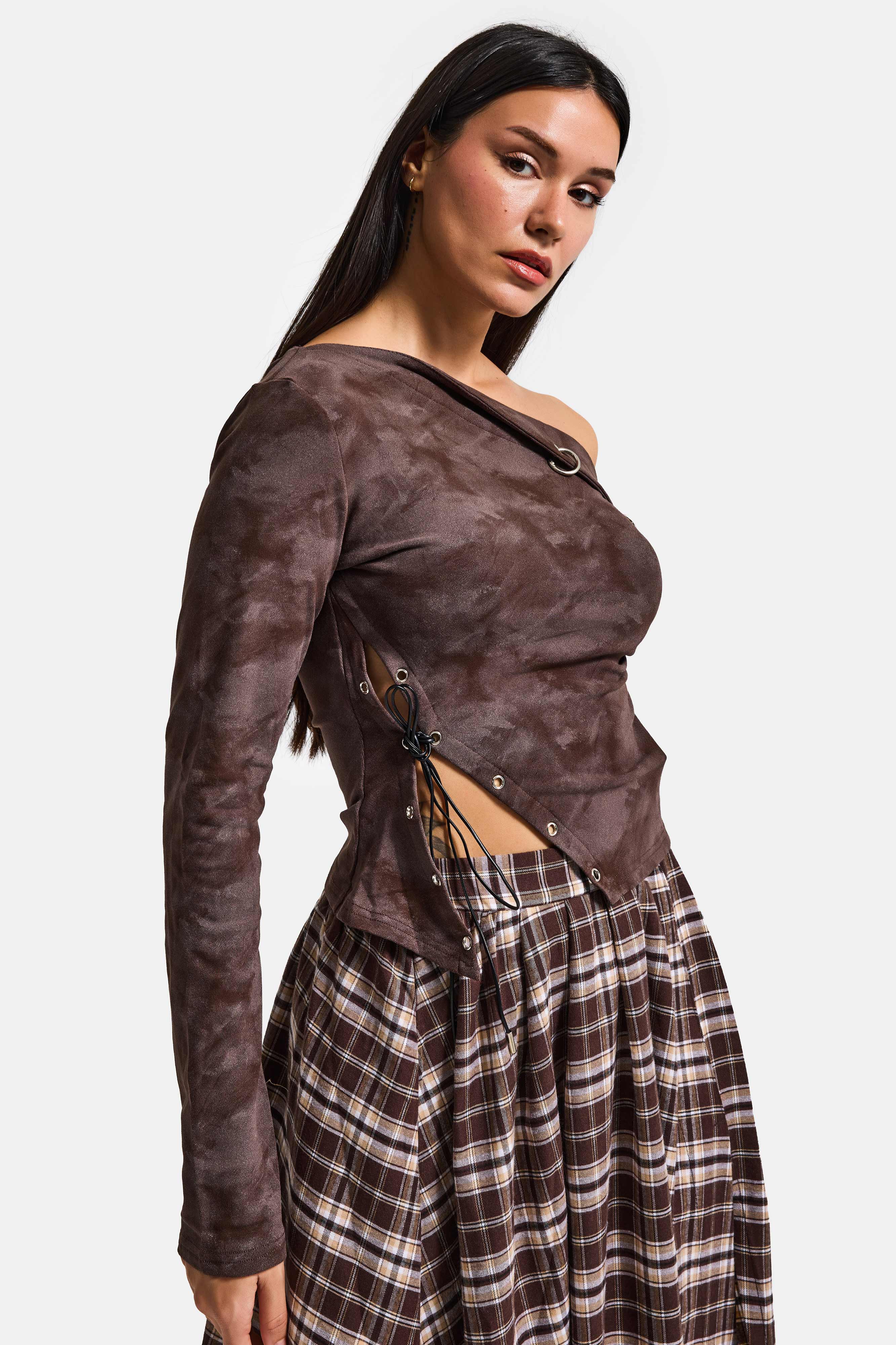 Kadın Kahve w5 Asimetrik Kesim Tek Omuz Açık Özel Tasarım Crop Top