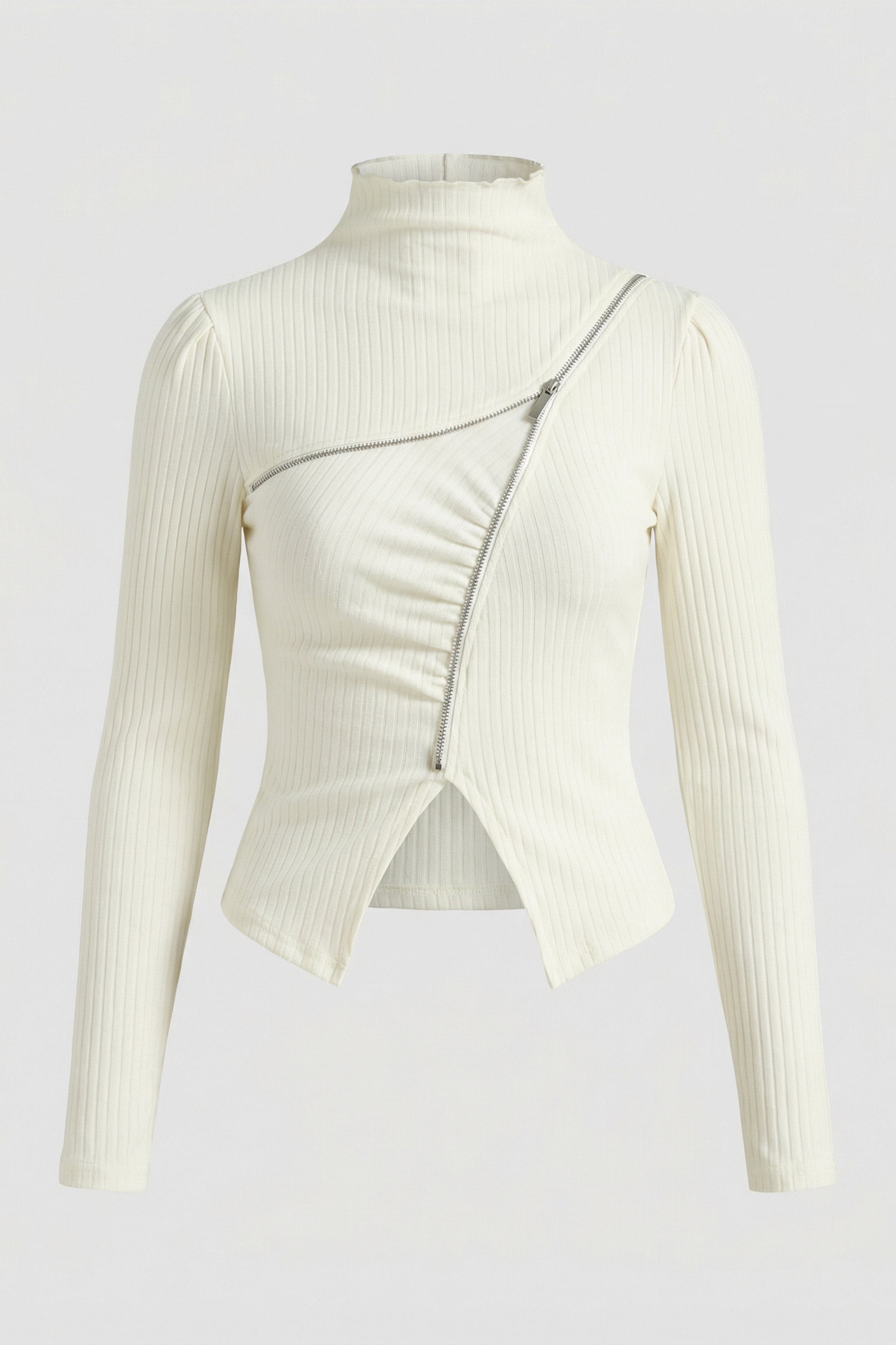 Kadın Beyaz w5 Asimetrik Kesim Fermuar Detaylı Özel Tasarım Crop Top