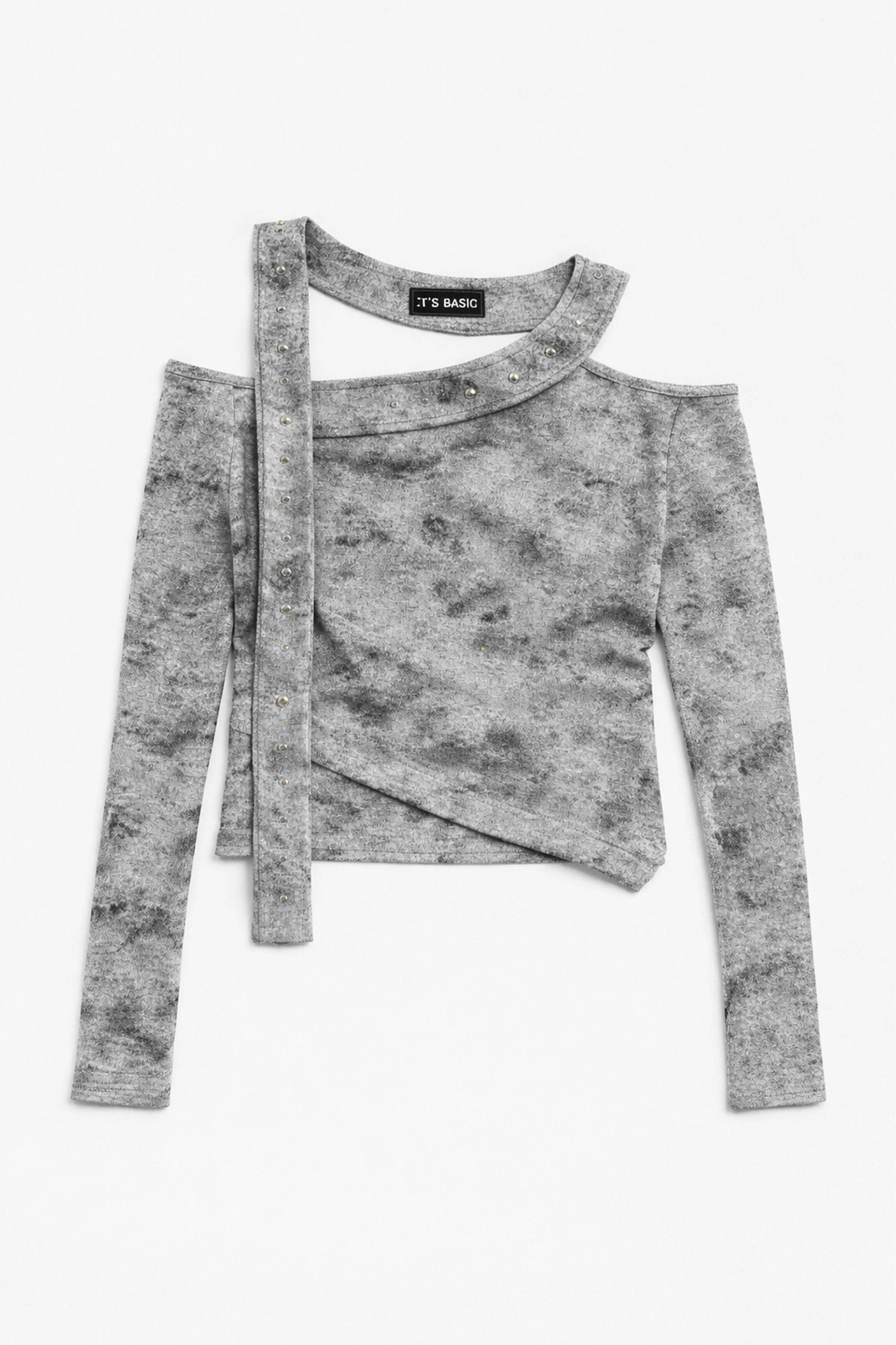 Kadın Gri w5 Asimetrik Kesim Özel Kumaş Tasarım Crop Top