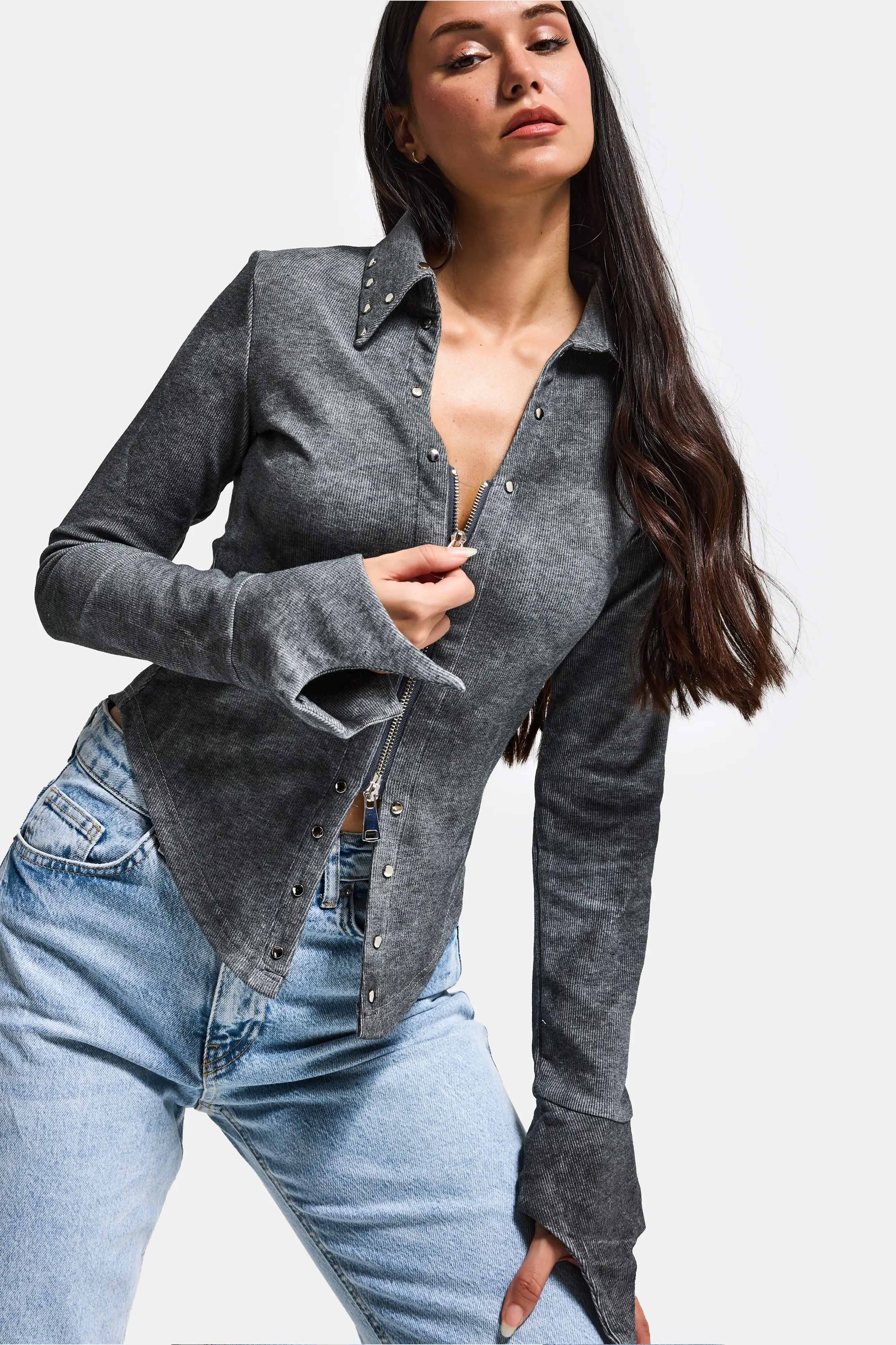 Kadın Gri w5 Fermuar ve Drop Detaylı Özel Tasarım Crop Top