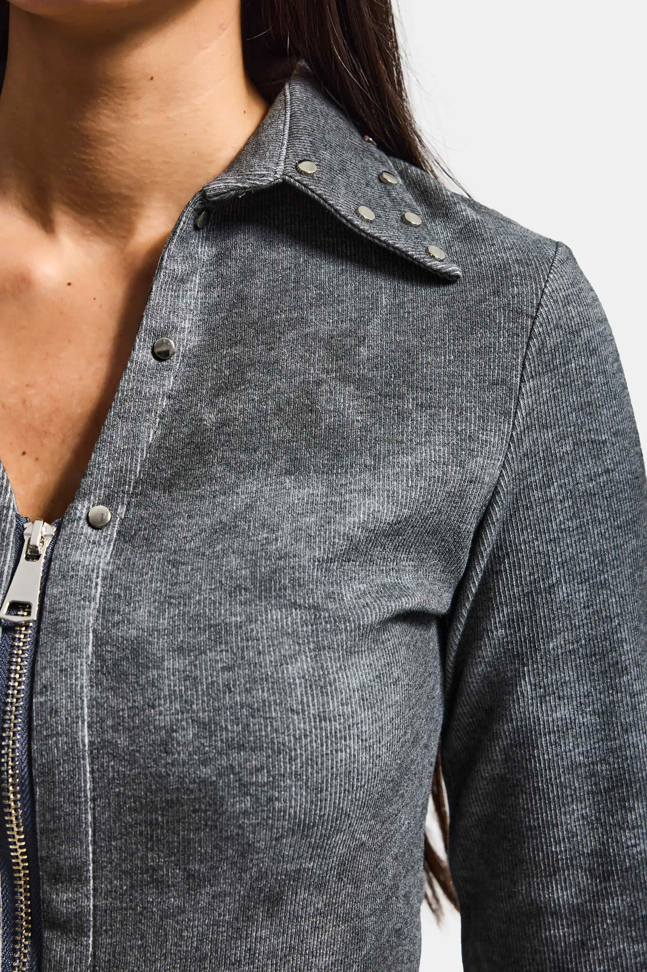 Kadın Gri w5 Fermuar ve Drop Detaylı Özel Tasarım Crop Top