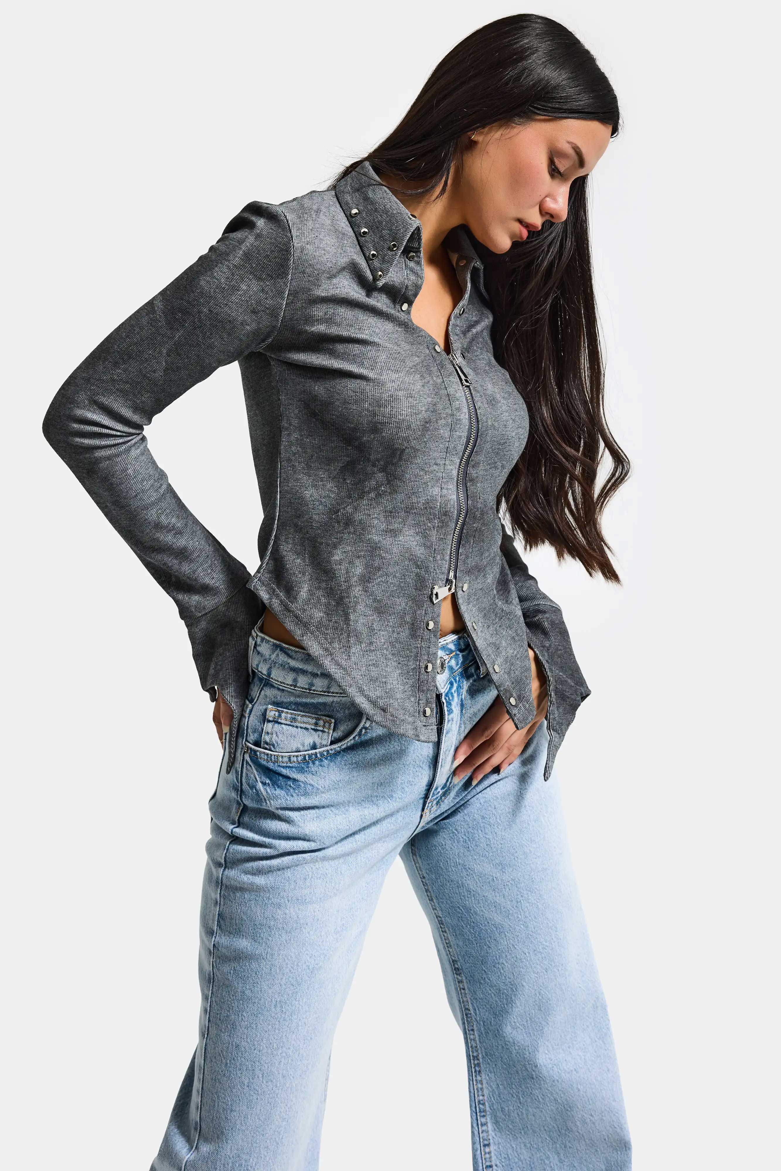 Kadın Gri w5 Fermuar ve Drop Detaylı Özel Tasarım Crop Top