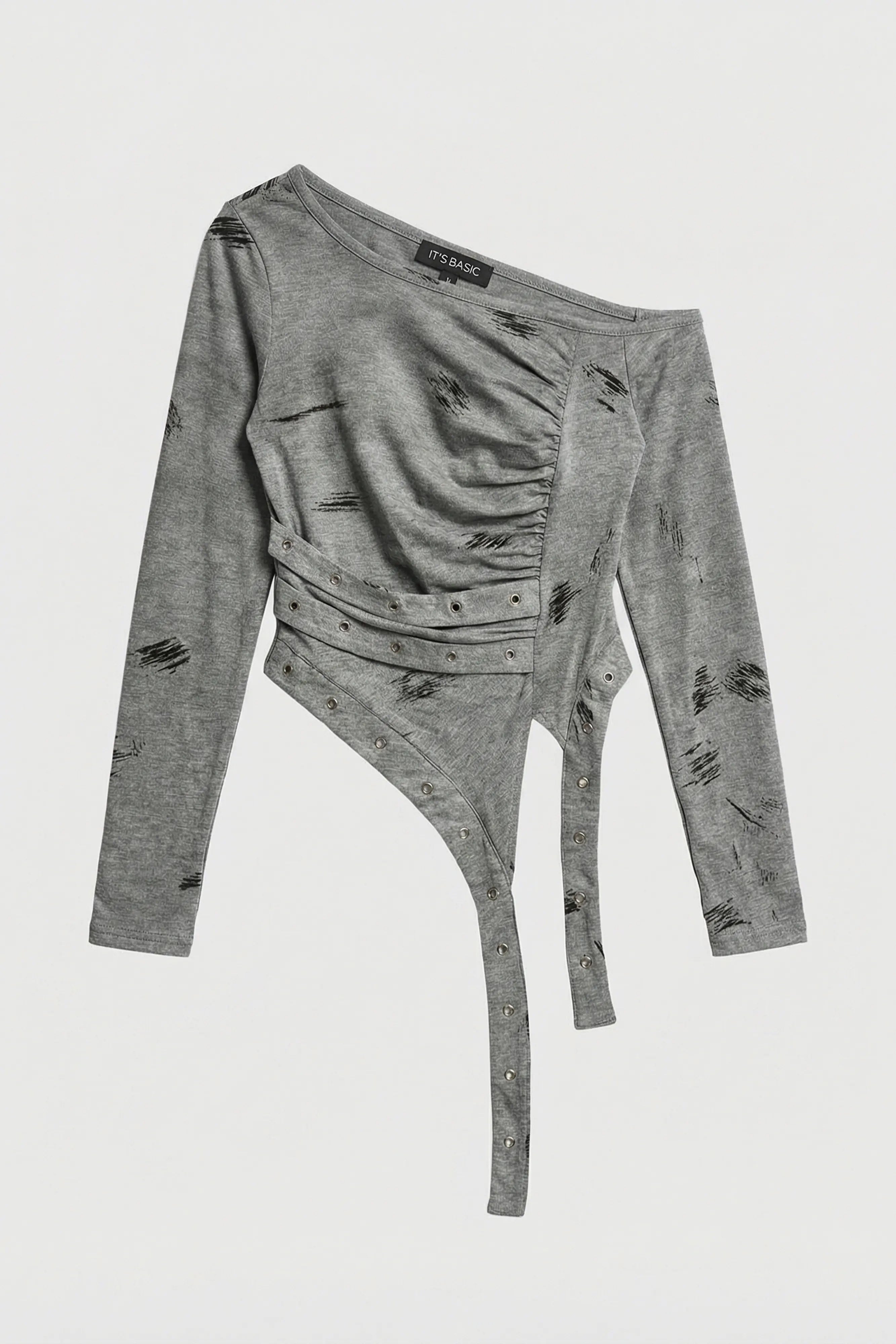 Kadın Gri w5 Omzu Açık Parça Detaylı Özel Tasarım Bluz