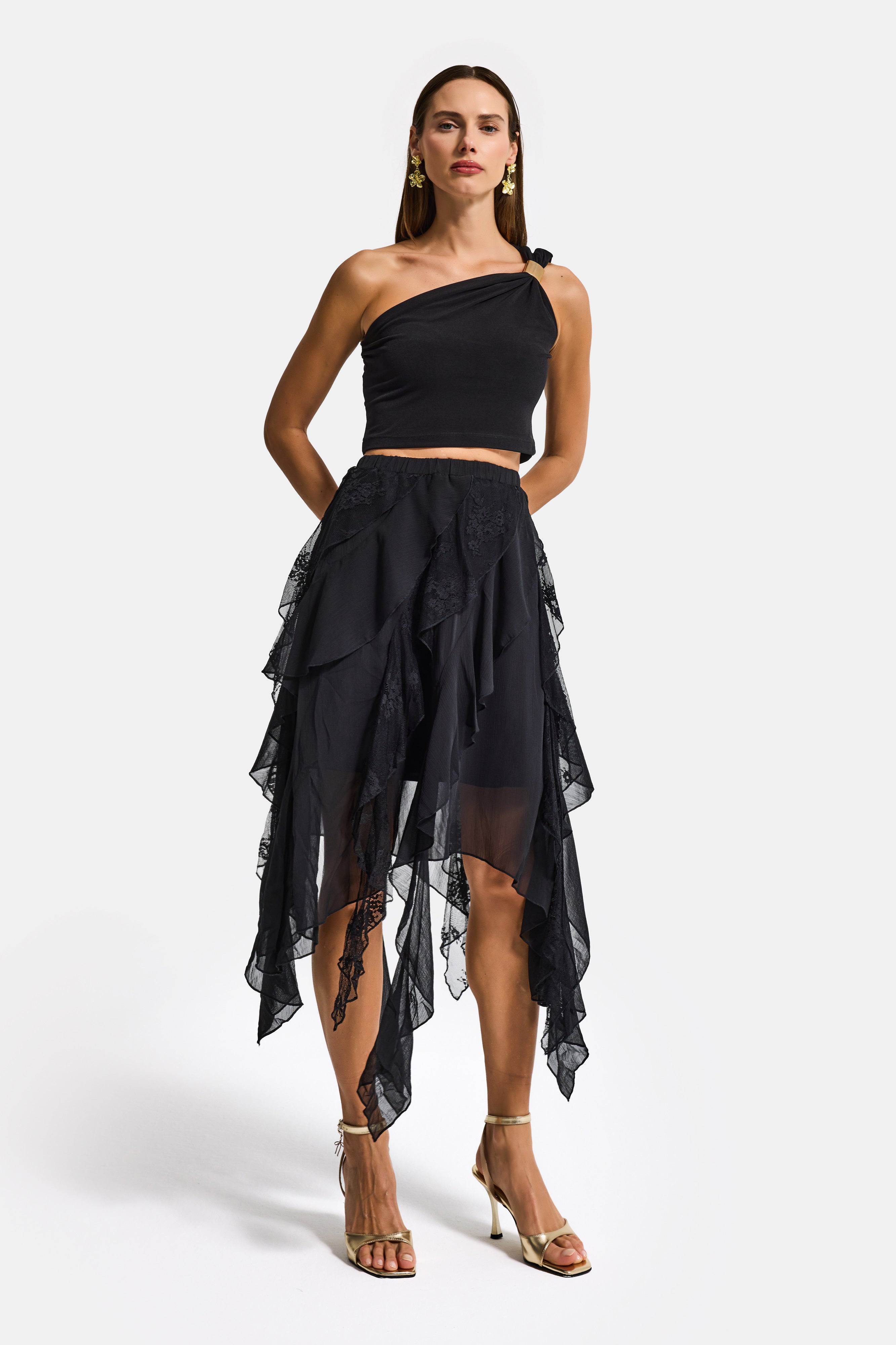 Kadın Siyah w5 Asimetrik Kesim Dantel Tül Detaylı Özel Tasarım Etek