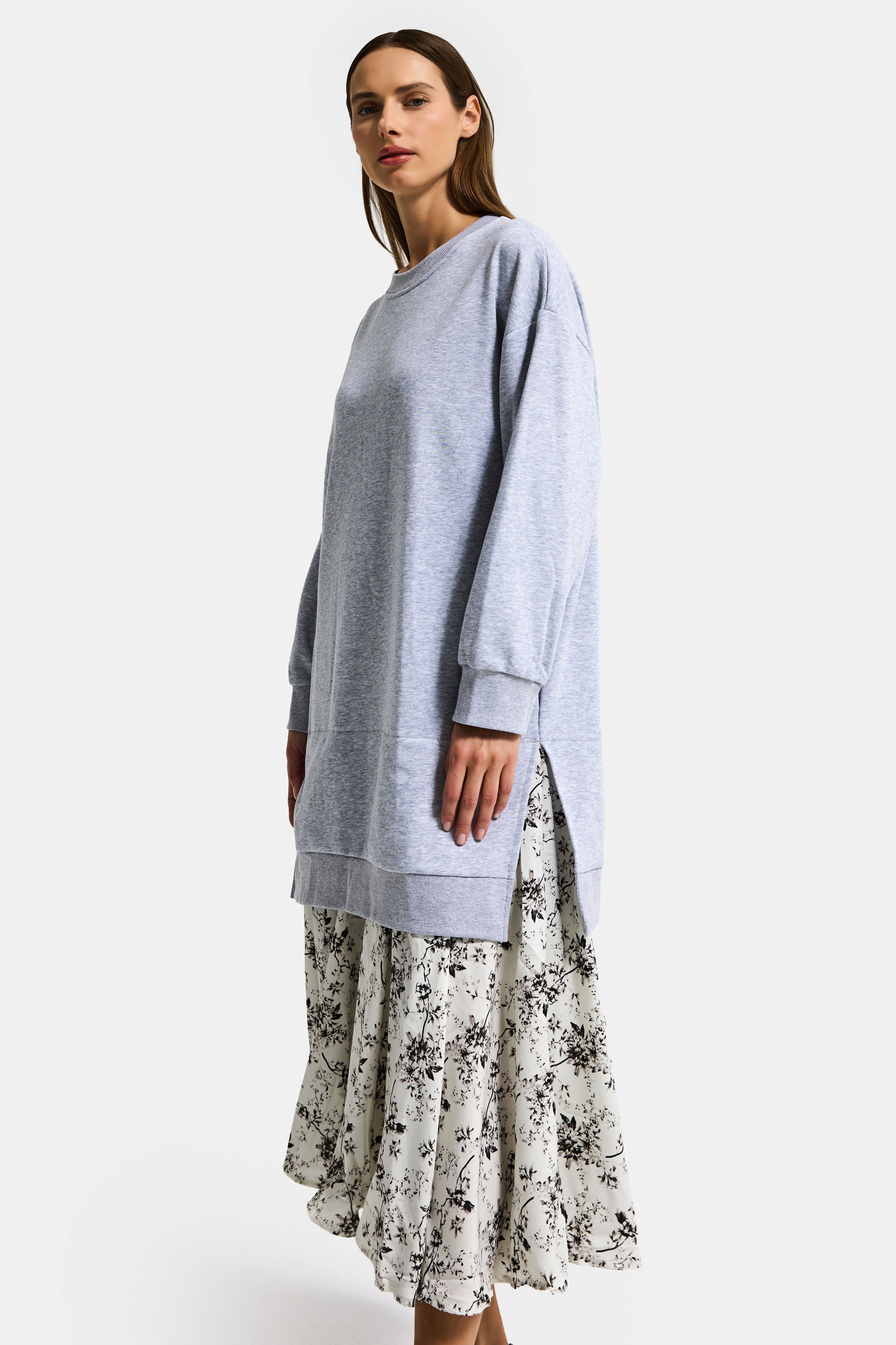 Kadın Gri w5 Sweatshirt Etek Tek Parça Tasarım Elbise