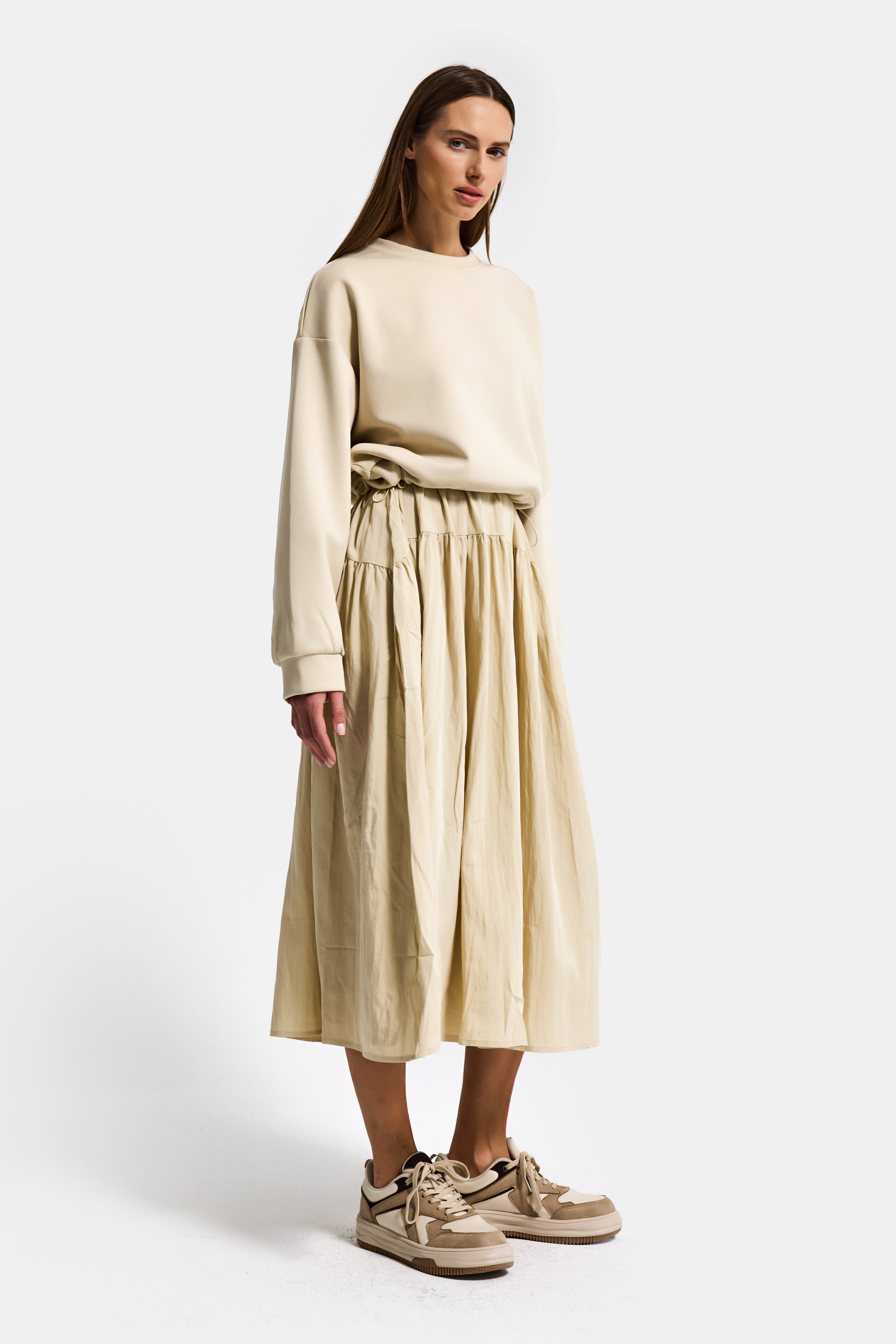 Kadın Bej w5 Sweatshirt Etek Tek Parça Tasarım Elbise