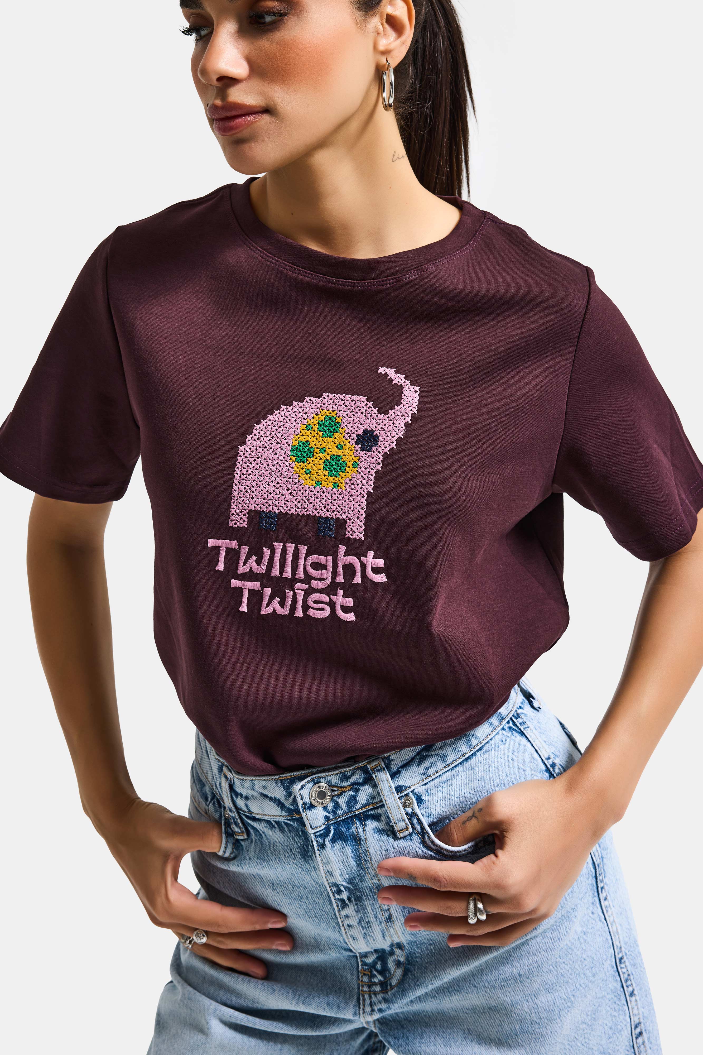 Women's Coffee Burgundy Embroidered Oversized Design T-Shirt