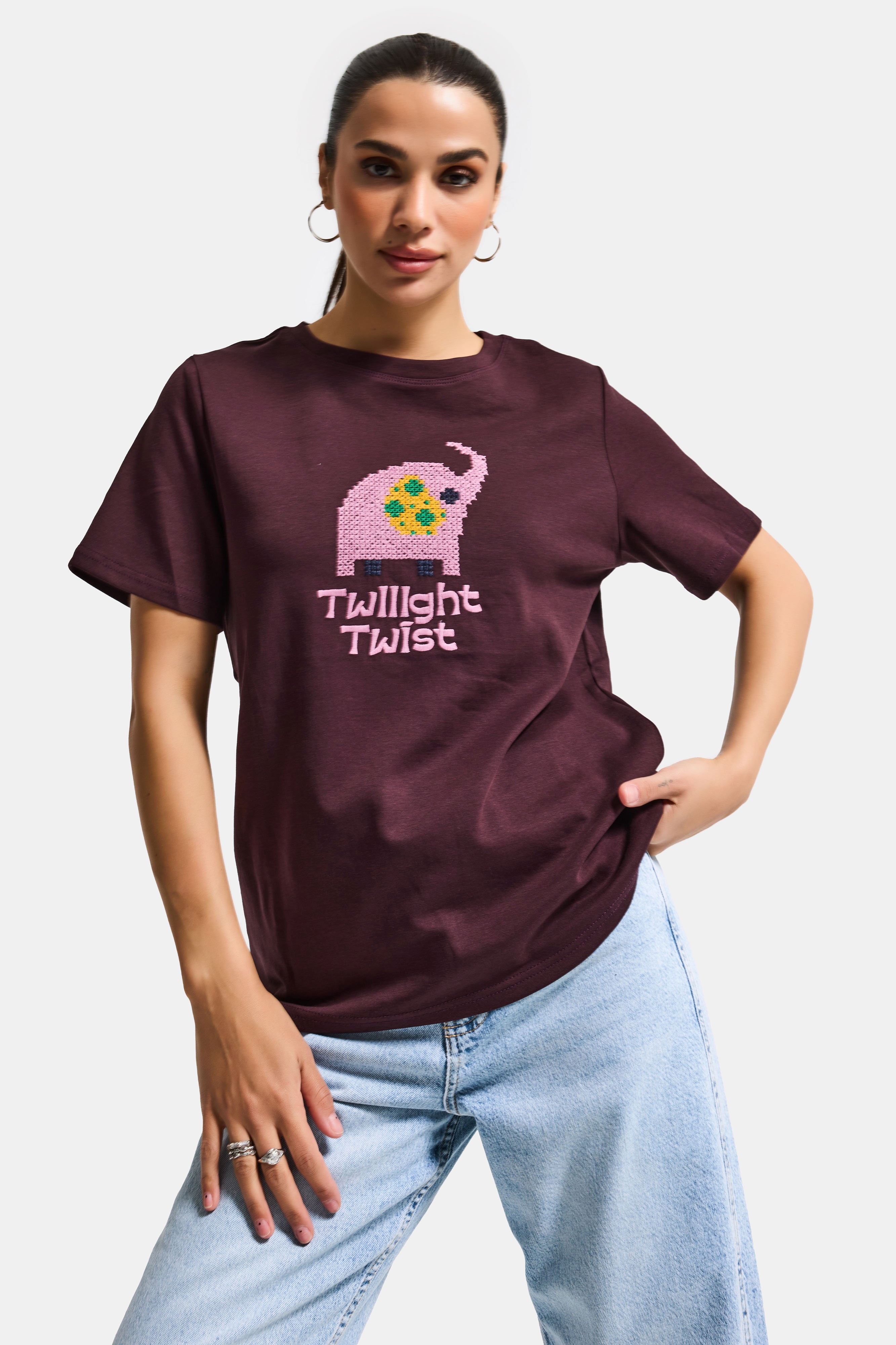 Women's Coffee Burgundy Embroidered Oversized Design T-Shirt