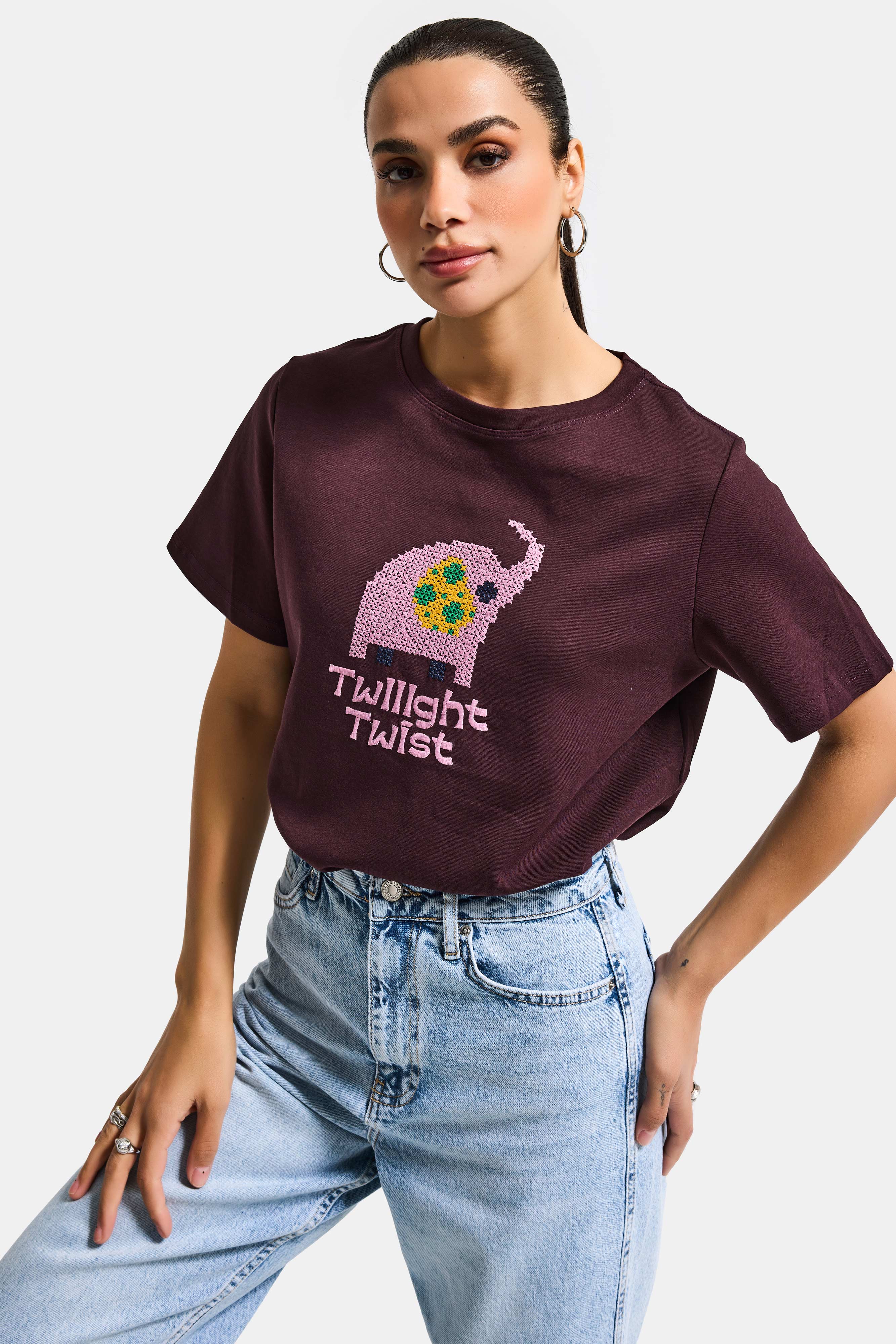 Women's Coffee Burgundy Embroidered Oversized Design T-Shirt