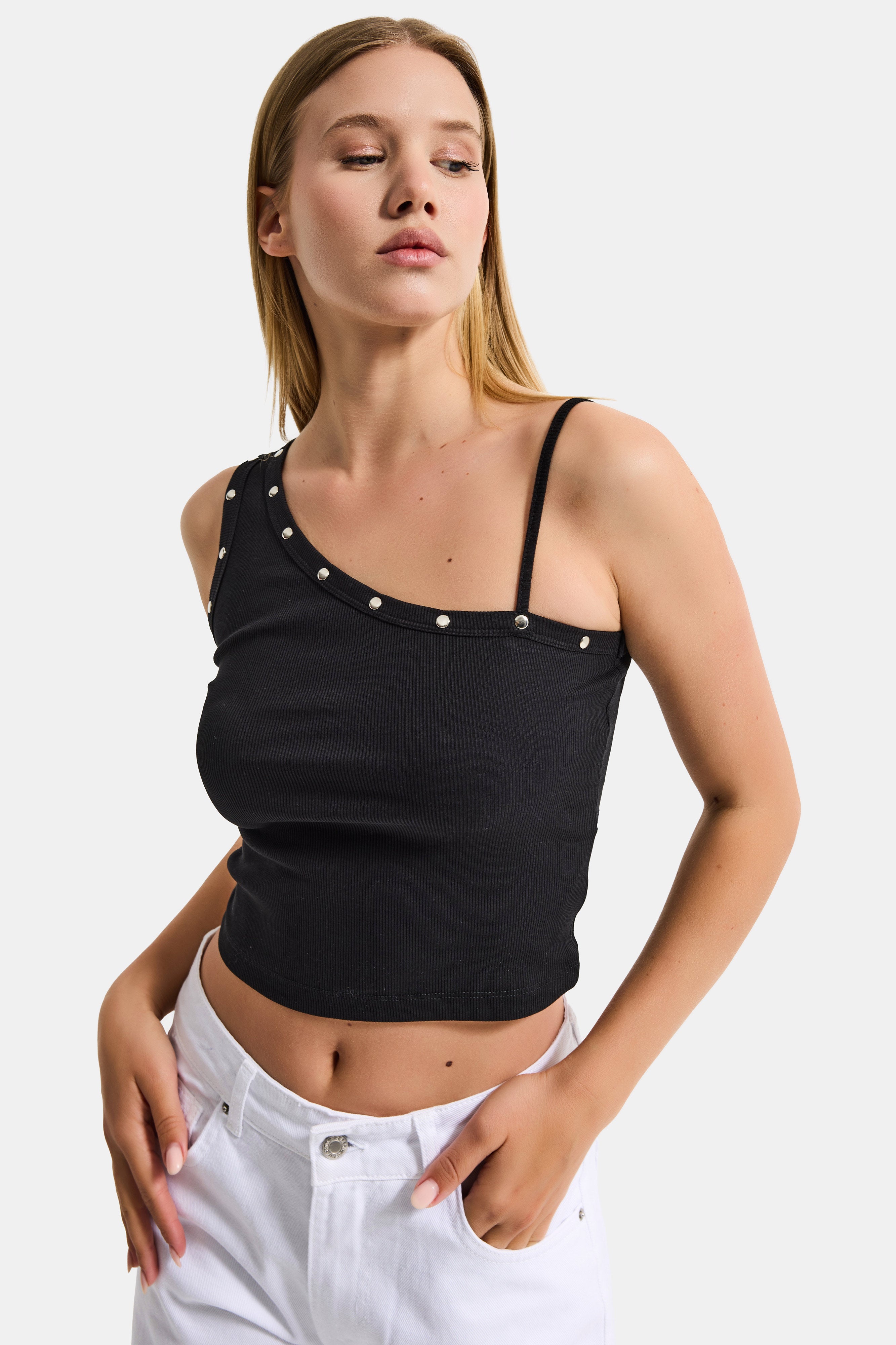 Kadın Siyah w5 Drop Detaylı Tek Kol Askılı Özel Elastan Kumaş Body