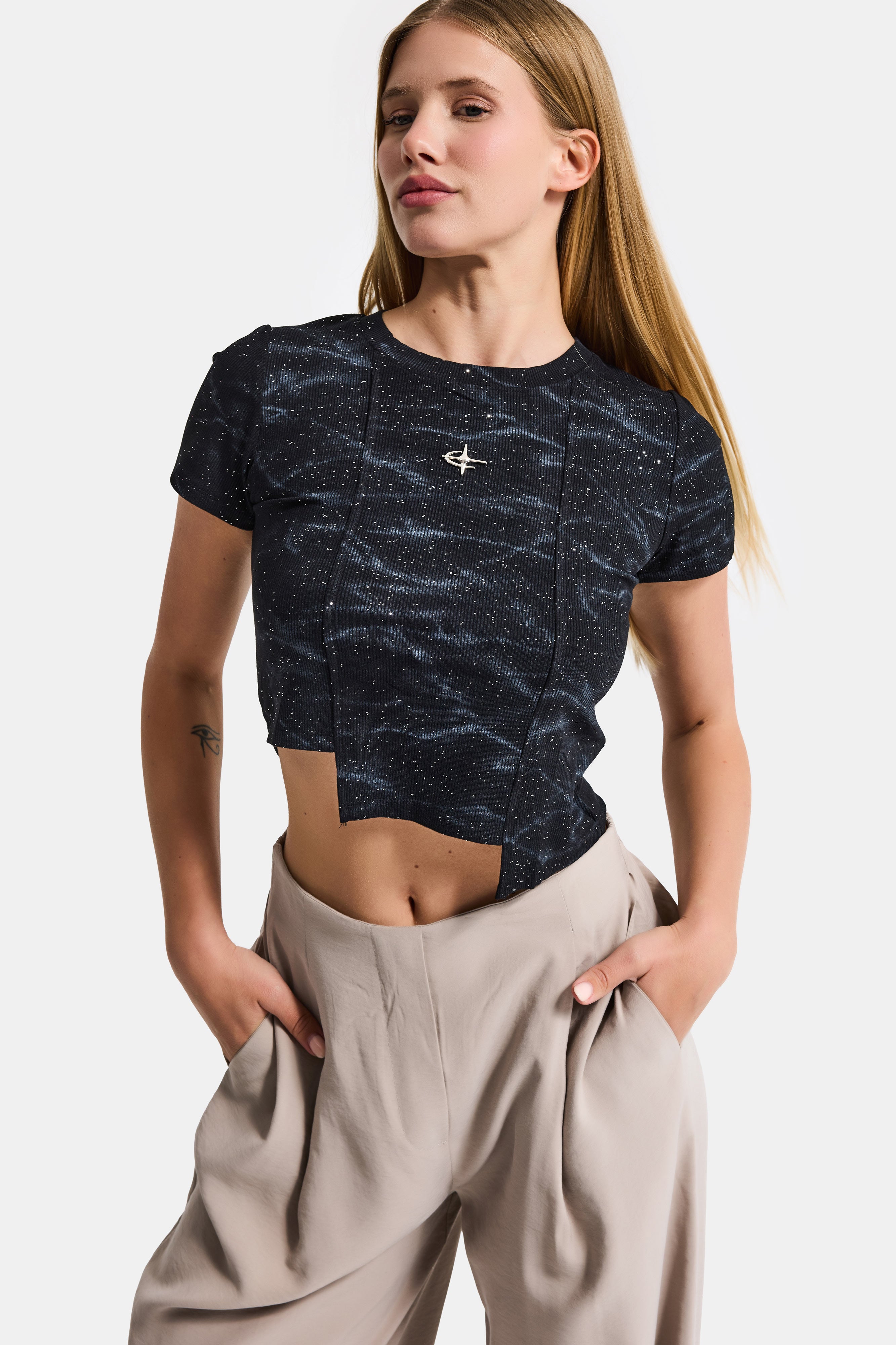 Women's Black w5 Asymmetrical Cut Crop Top with Accessory Detail