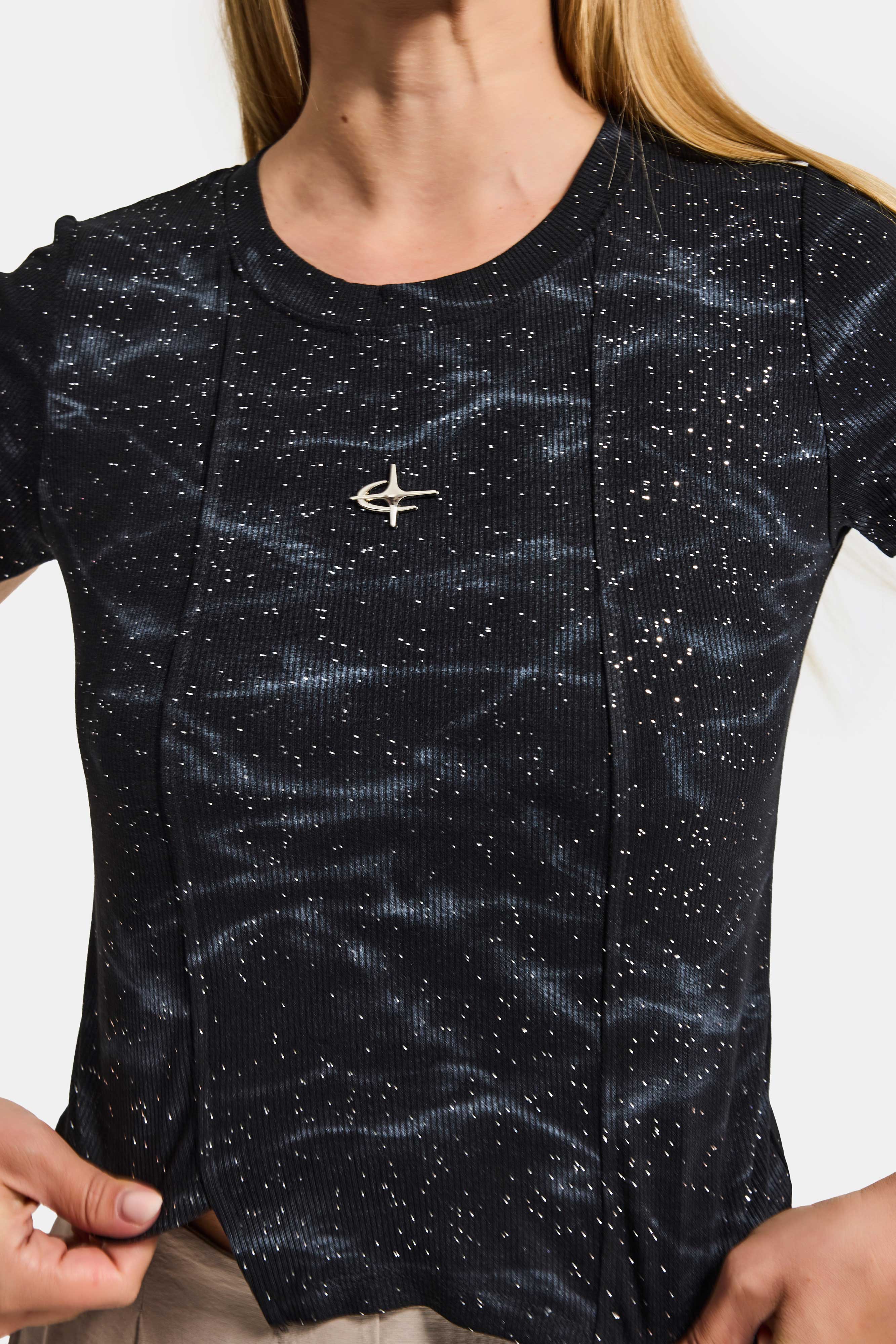 Women's Black w5 Asymmetrical Cut Crop Top with Accessory Detail