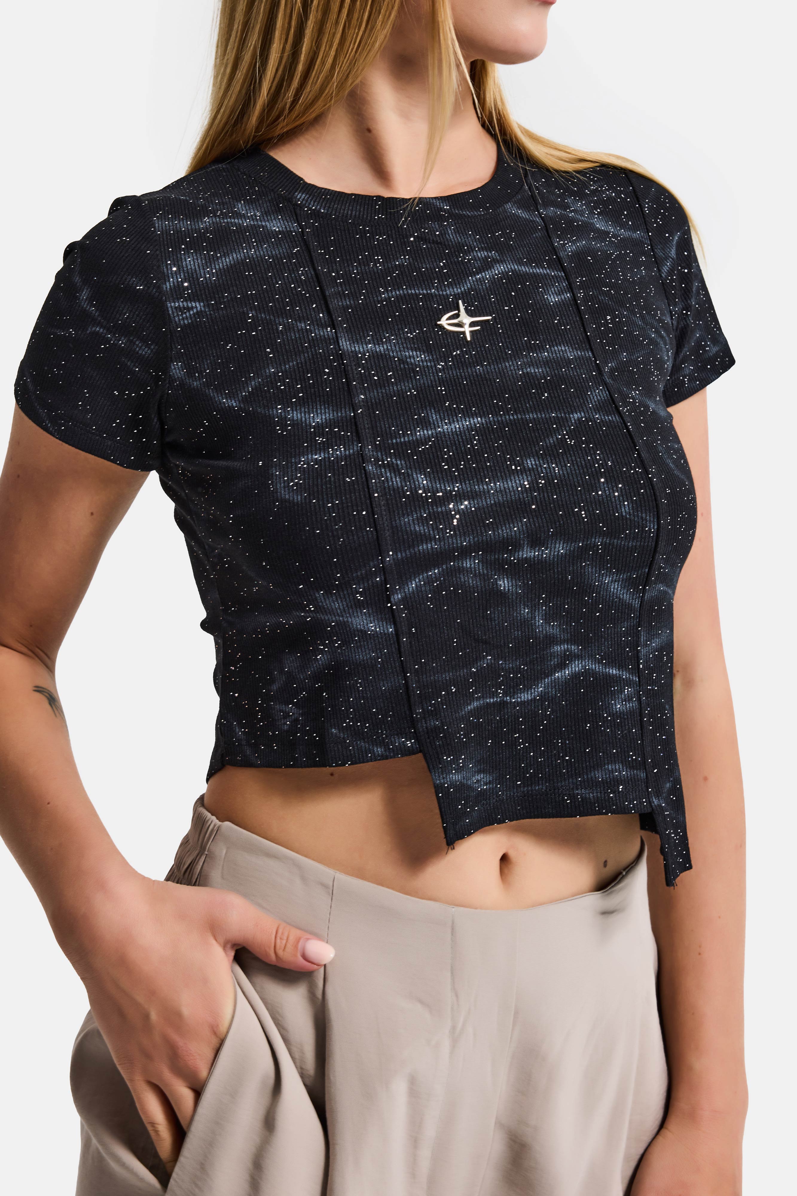 Women's Black w5 Asymmetrical Cut Crop Top with Accessory Detail