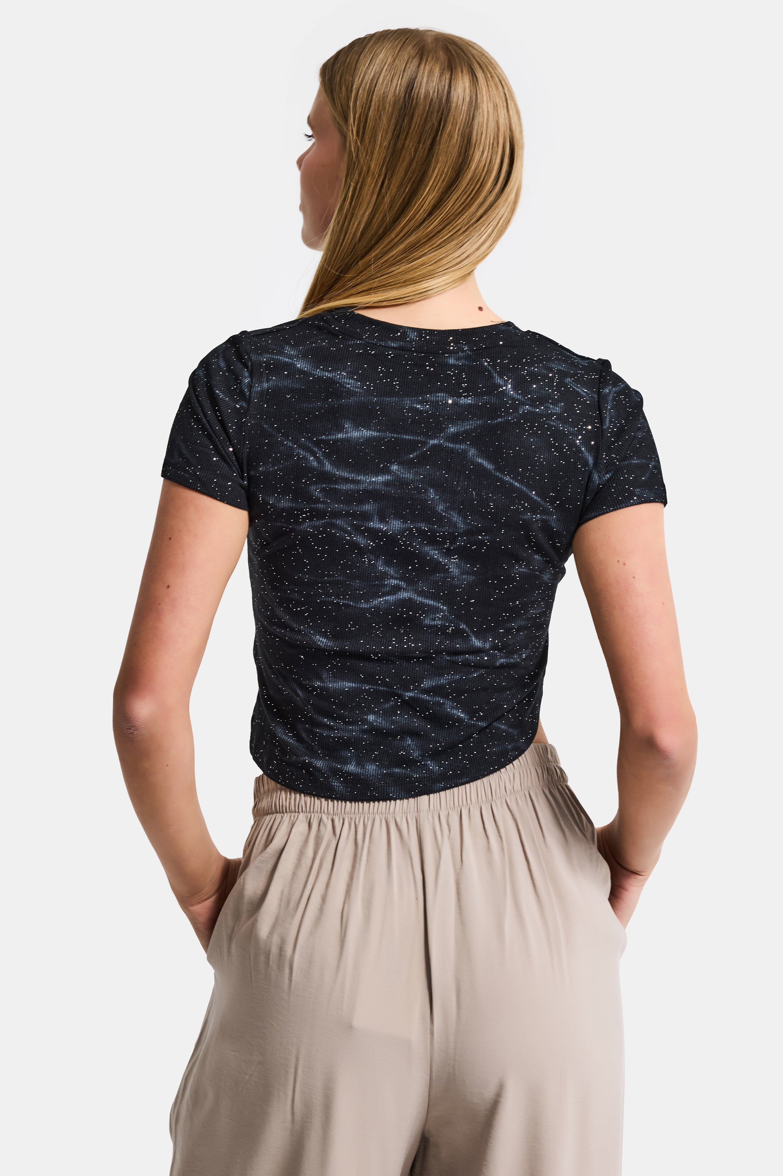 Women's Black w5 Asymmetrical Cut Crop Top with Accessory Detail