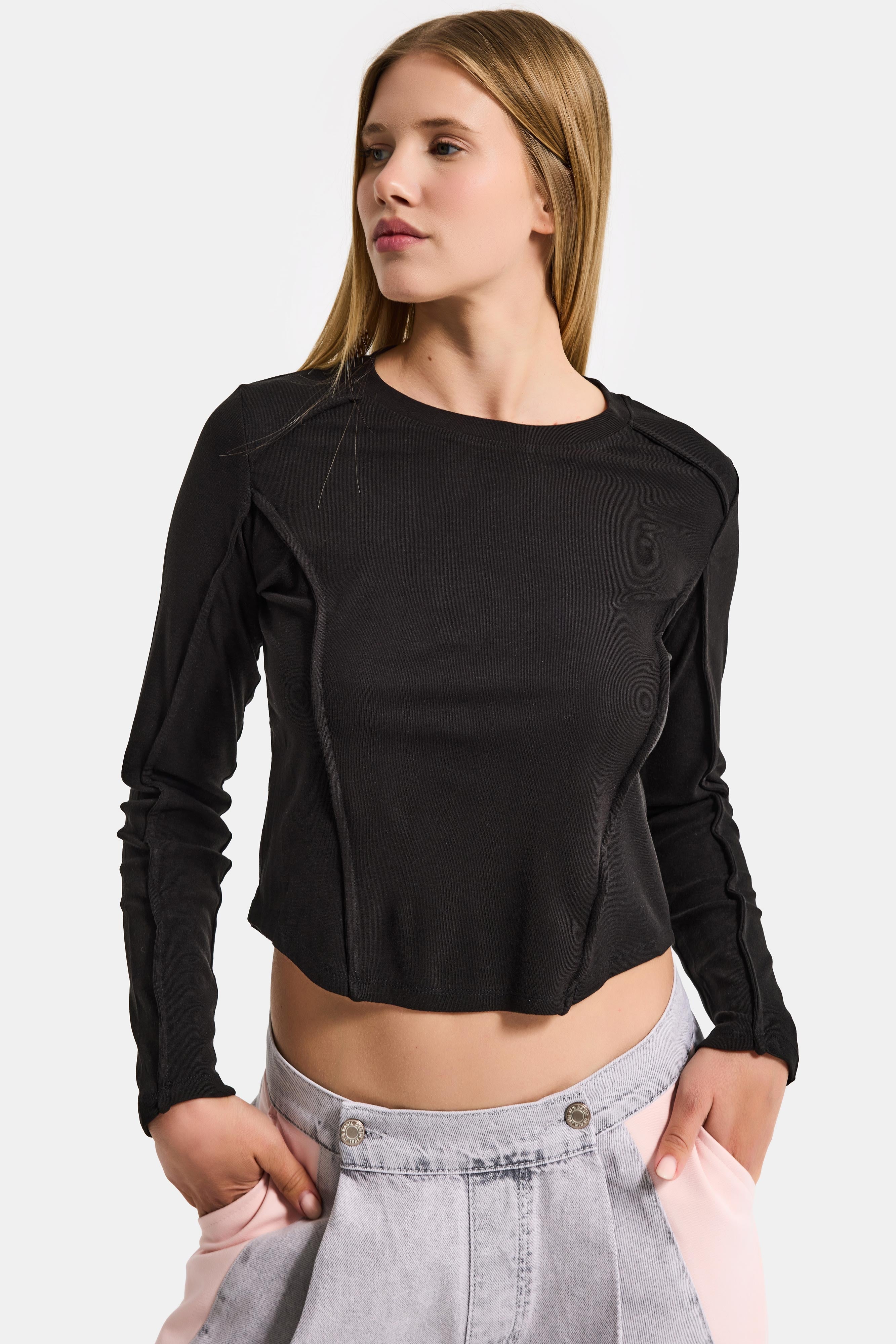 Kadın Siyah Renk w5 Organik Kumaş Crop Fit Body