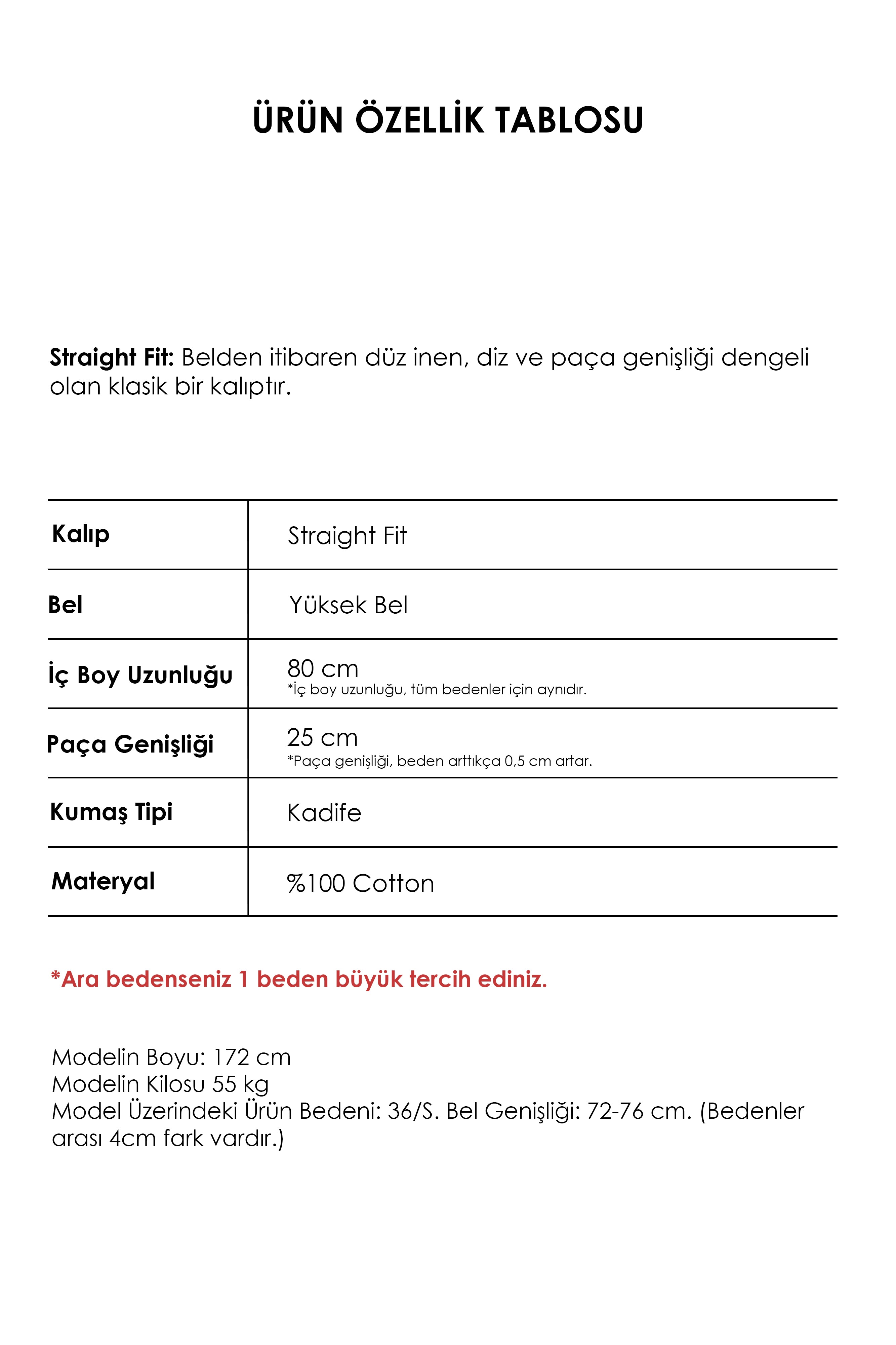 Kadın Haki Renk Doris 26w5-15 Straight Fit Yüksek Bel Kalın Fitilli Velvet Kadife Kumaş Pantolon