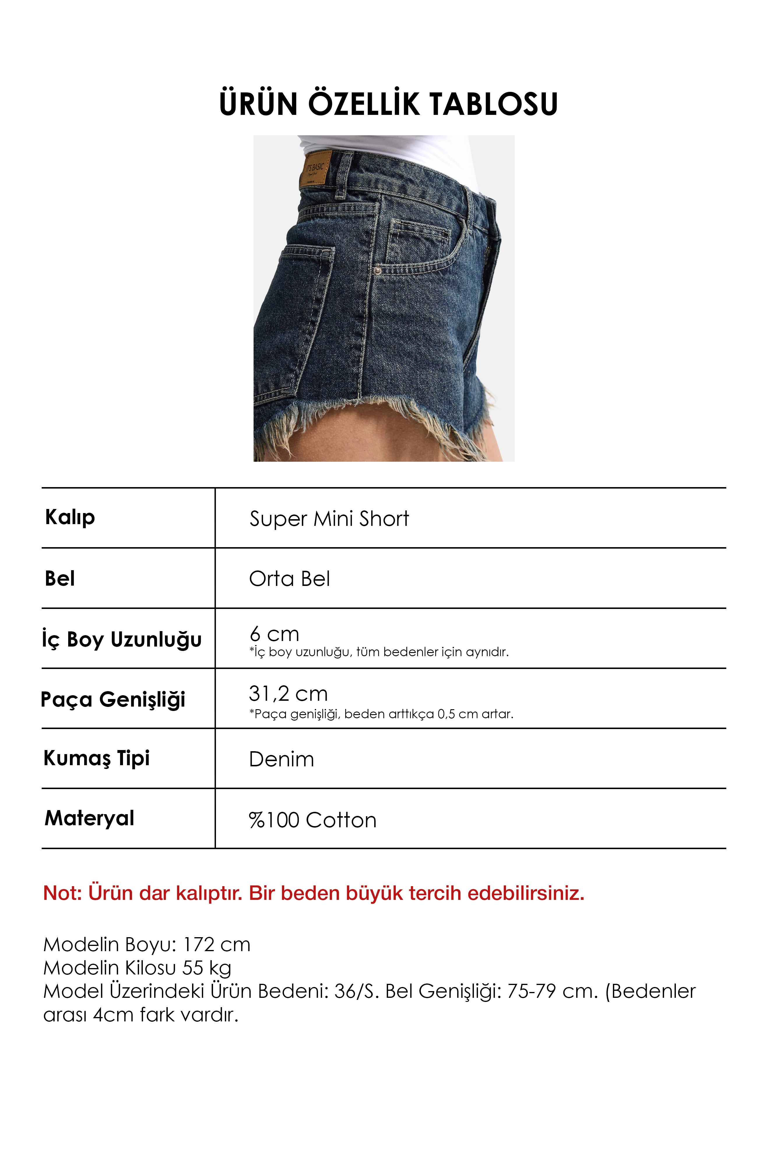 Kadın Koyu Kot 2s6 Mini Boy Paça Püsküllü Denim Şort