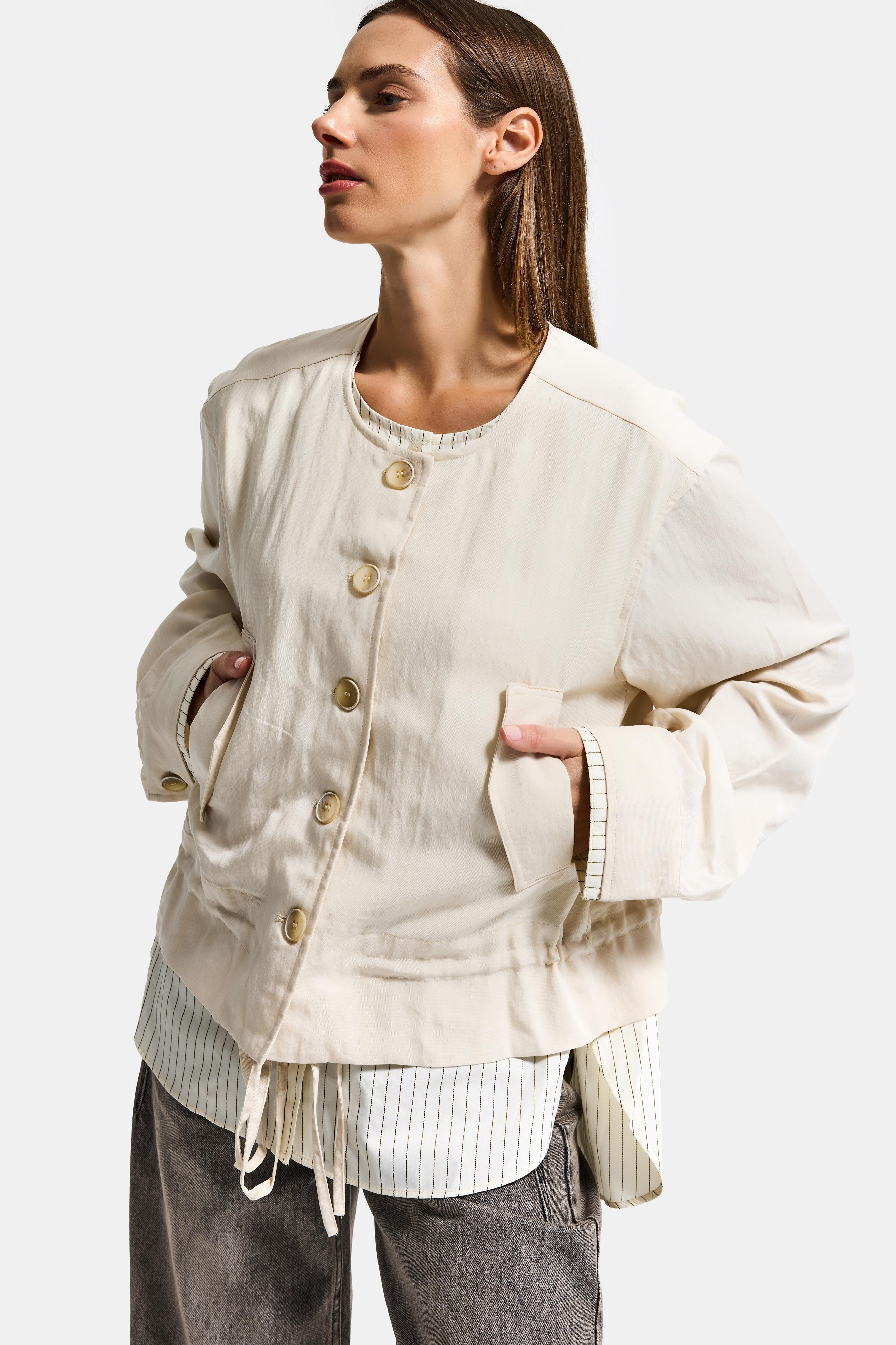 Kadın Bej Sarı w5 Bol Kesim Düğmeli Özel Tasarım Çift Parça Yazlık Ceket