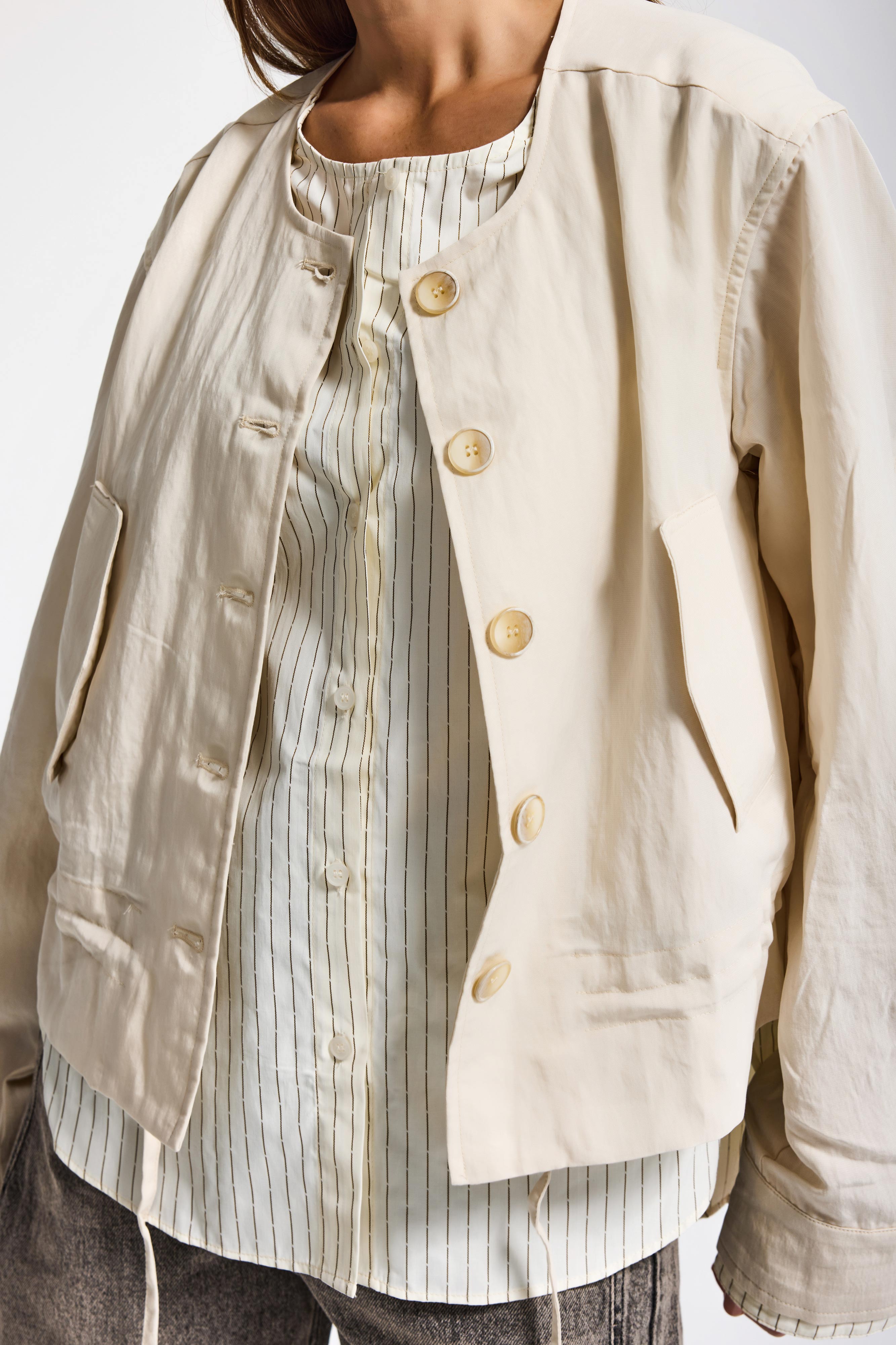 Kadın Bej Sarı w5 Bol Kesim Düğmeli Özel Tasarım Çift Parça Yazlık Ceket