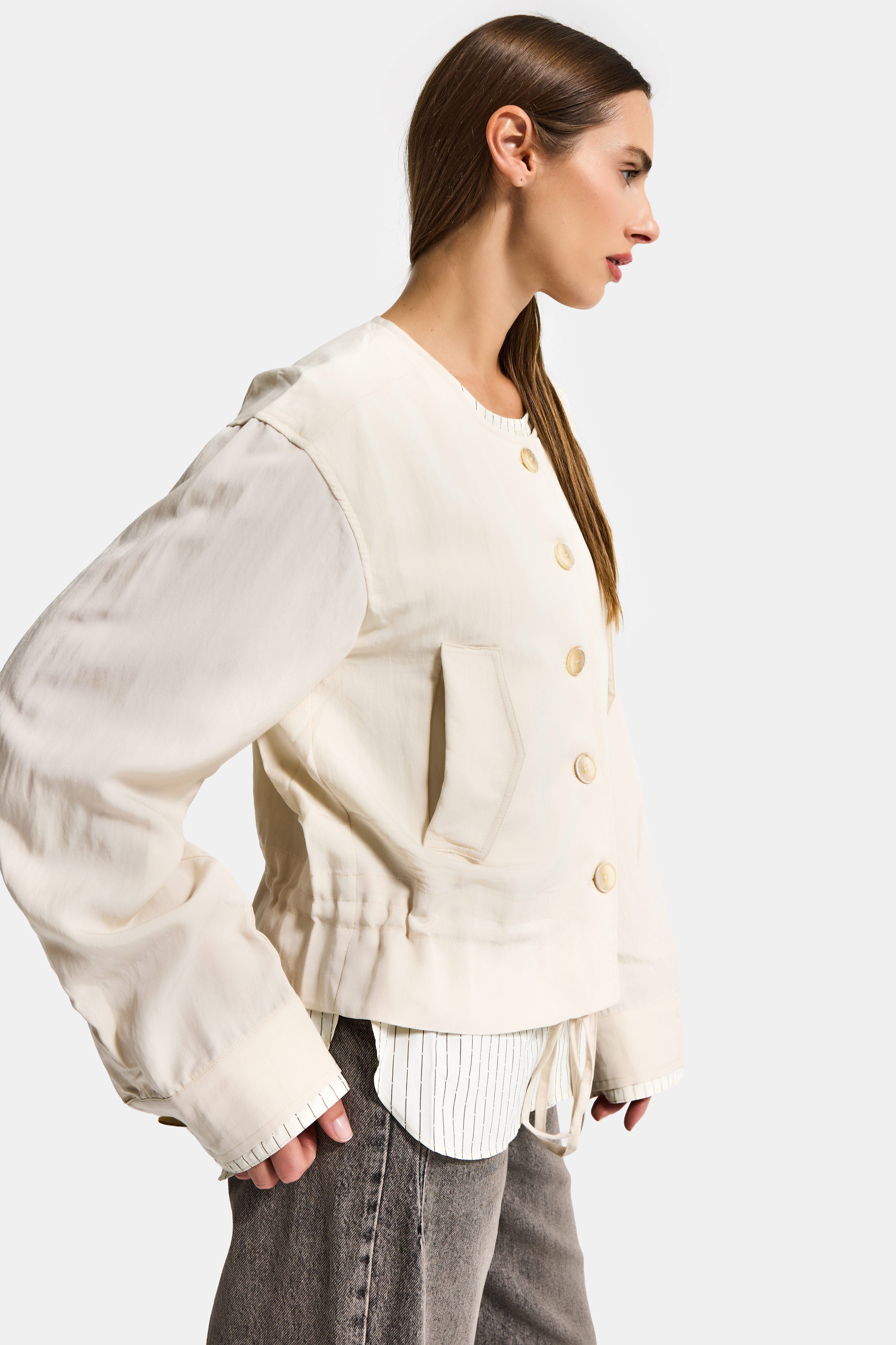 Kadın Bej Sarı w5 Bol Kesim Düğmeli Özel Tasarım Çift Parça Yazlık Ceket