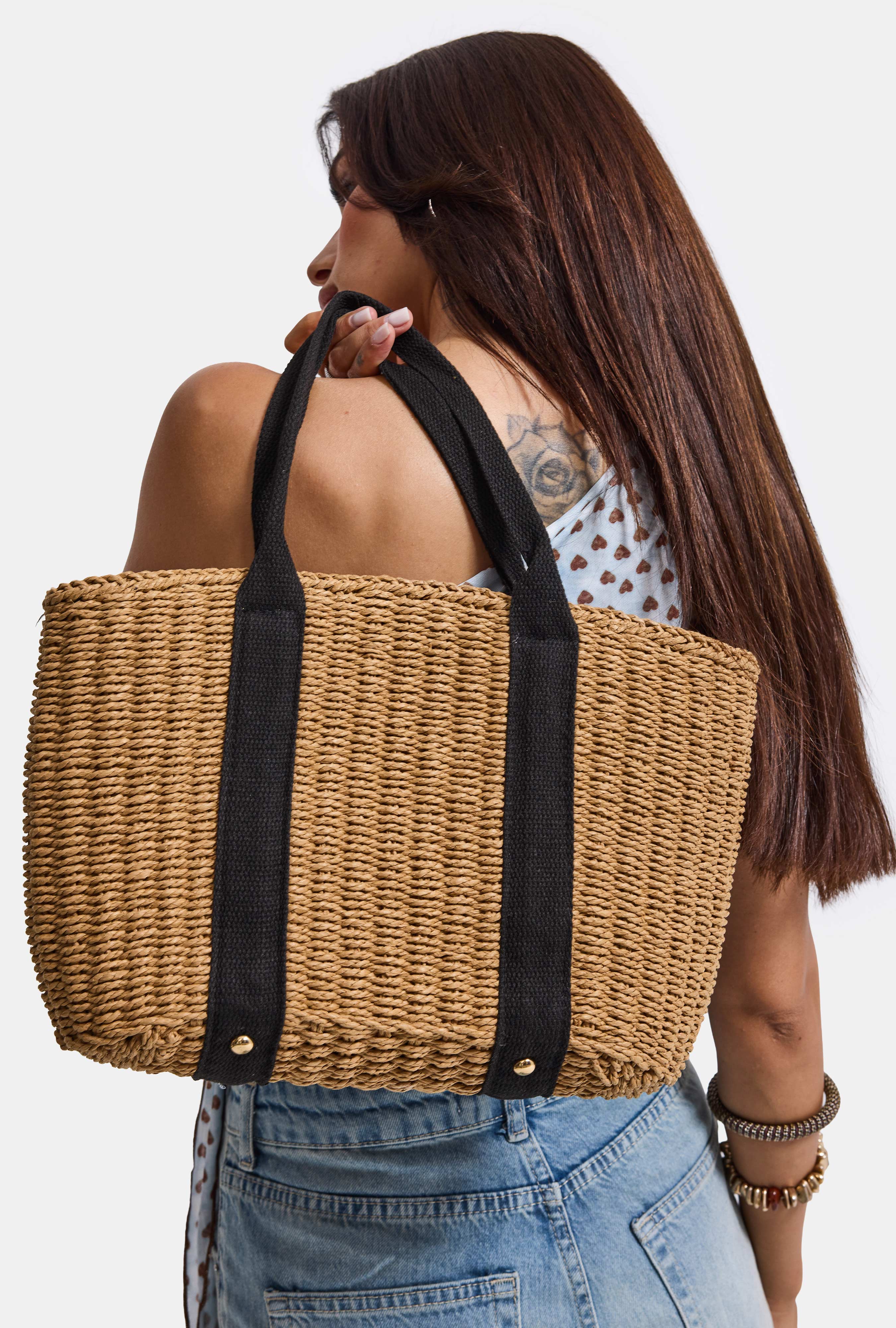 Woven Paper Straw Bag with Inner Lining - Beige