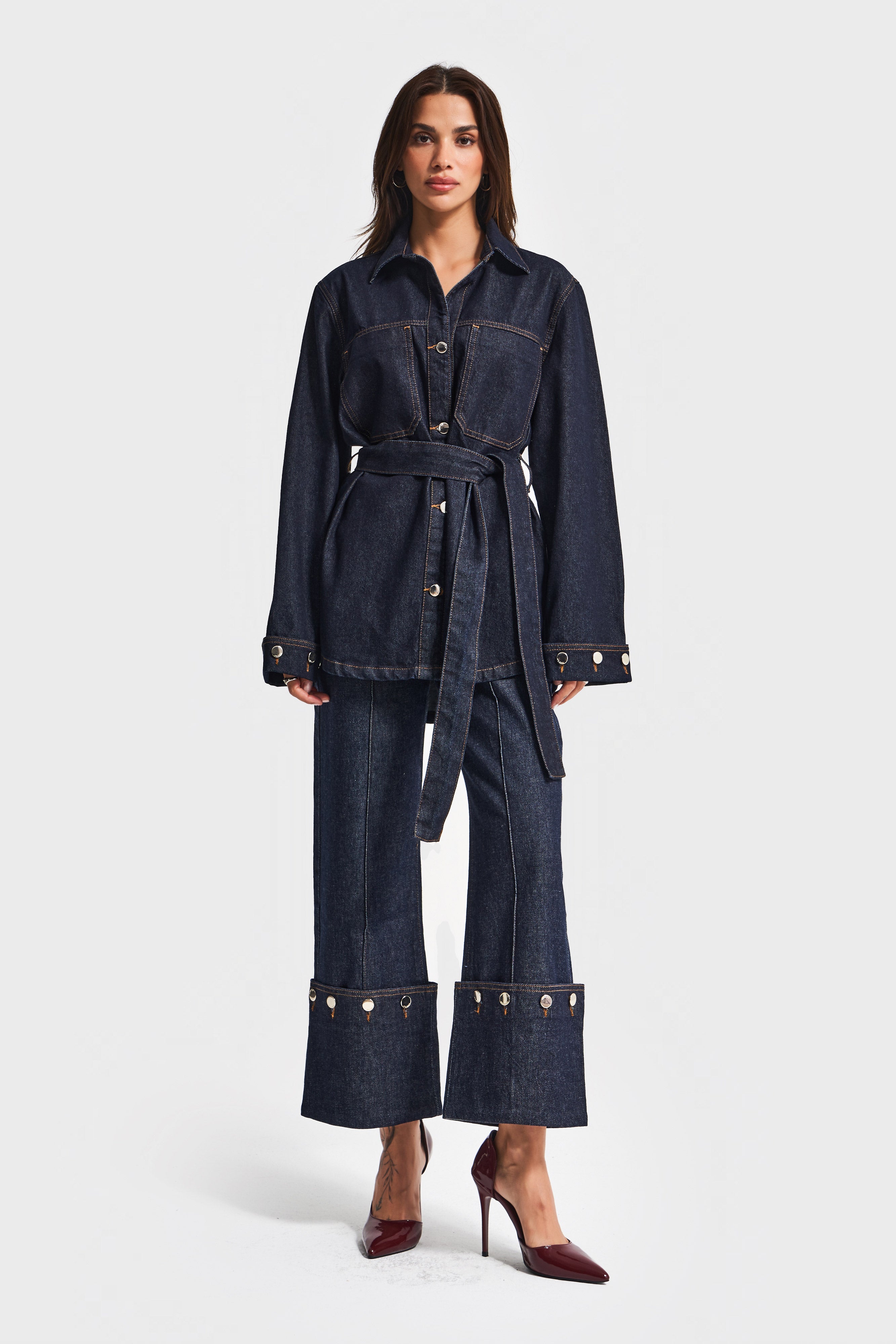 Kadın İndigo Renk 7w5-50 Kemer Detaylı %100 Koton Denim Trençkot