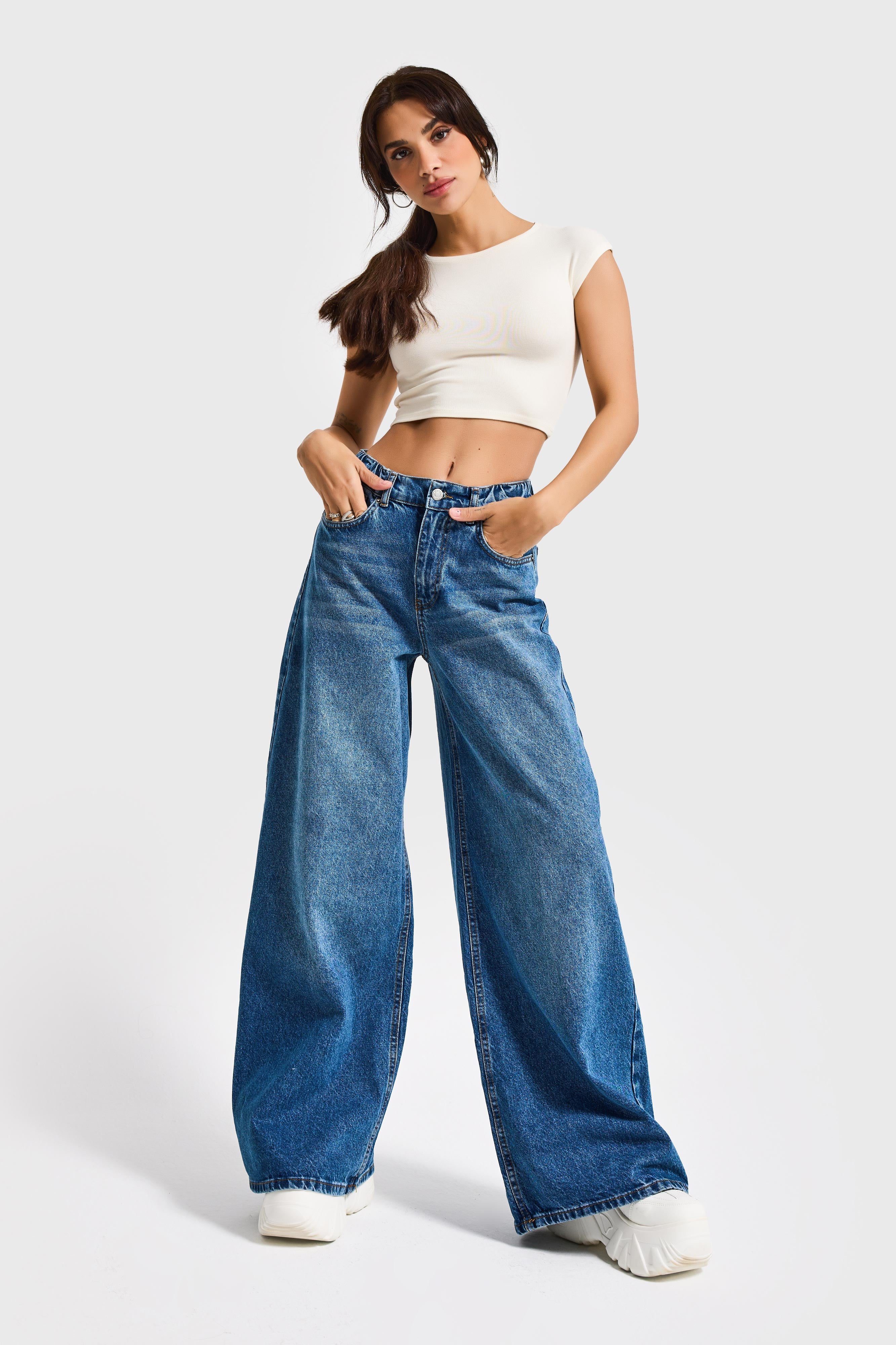 Kadın Mavi Renk 2S5-4 Palazzo Fit Beli Lastliki %100 Koton Denim Jean