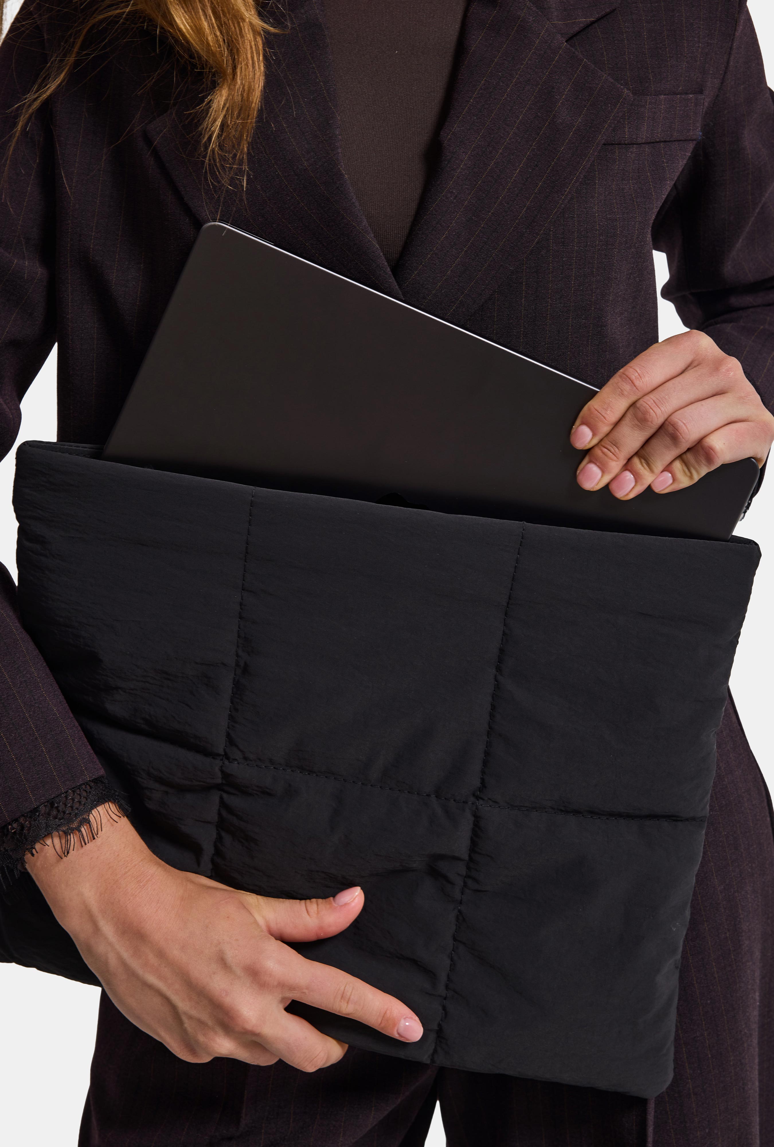 Black Magnetic Mouth Padded Velvet Lined Computer Handbag